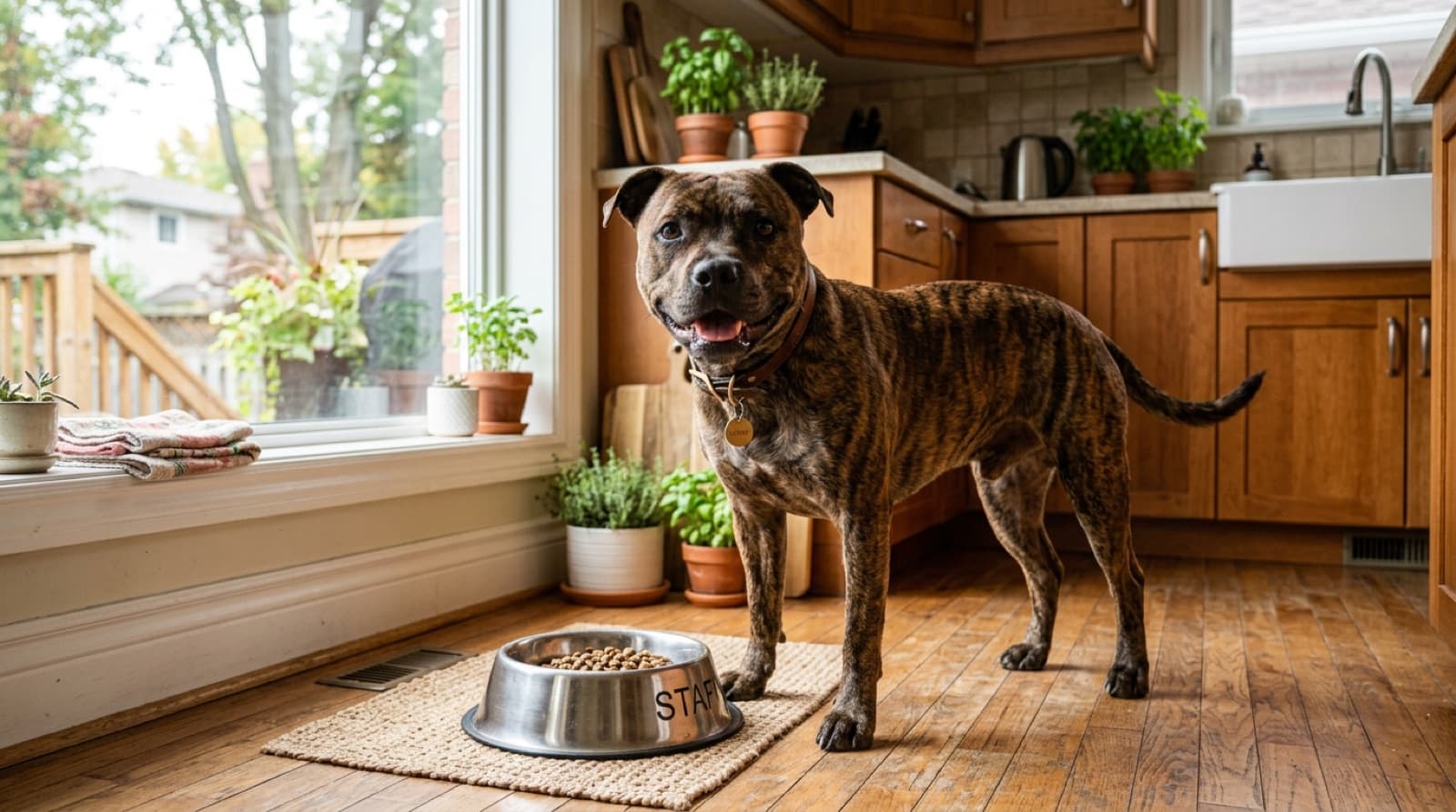 Staffordshire Bull Terrier beside a bowl of kibble in a bright home kitchen
