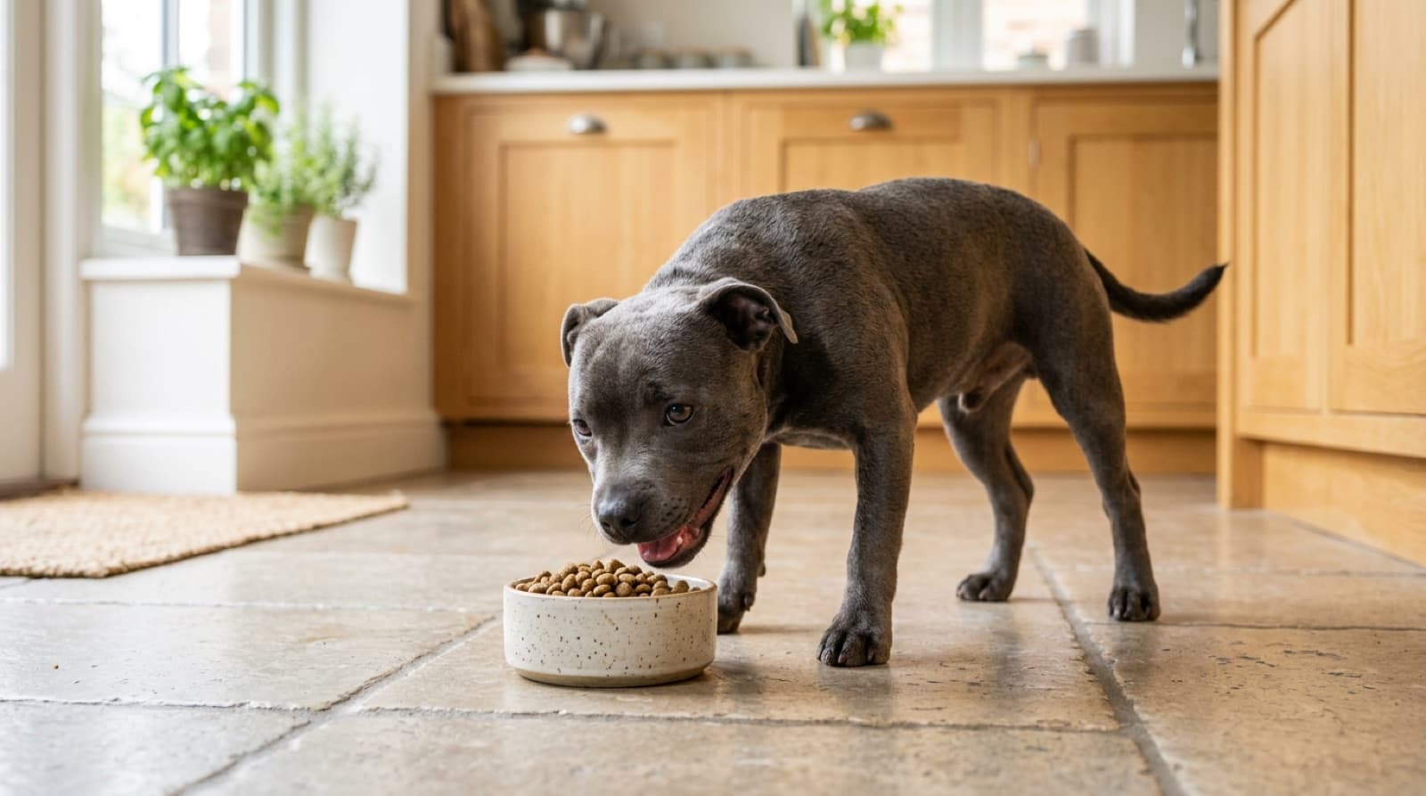 Staffordshire Bull Terrier puppy eating from a bowl on a home kitchen floor