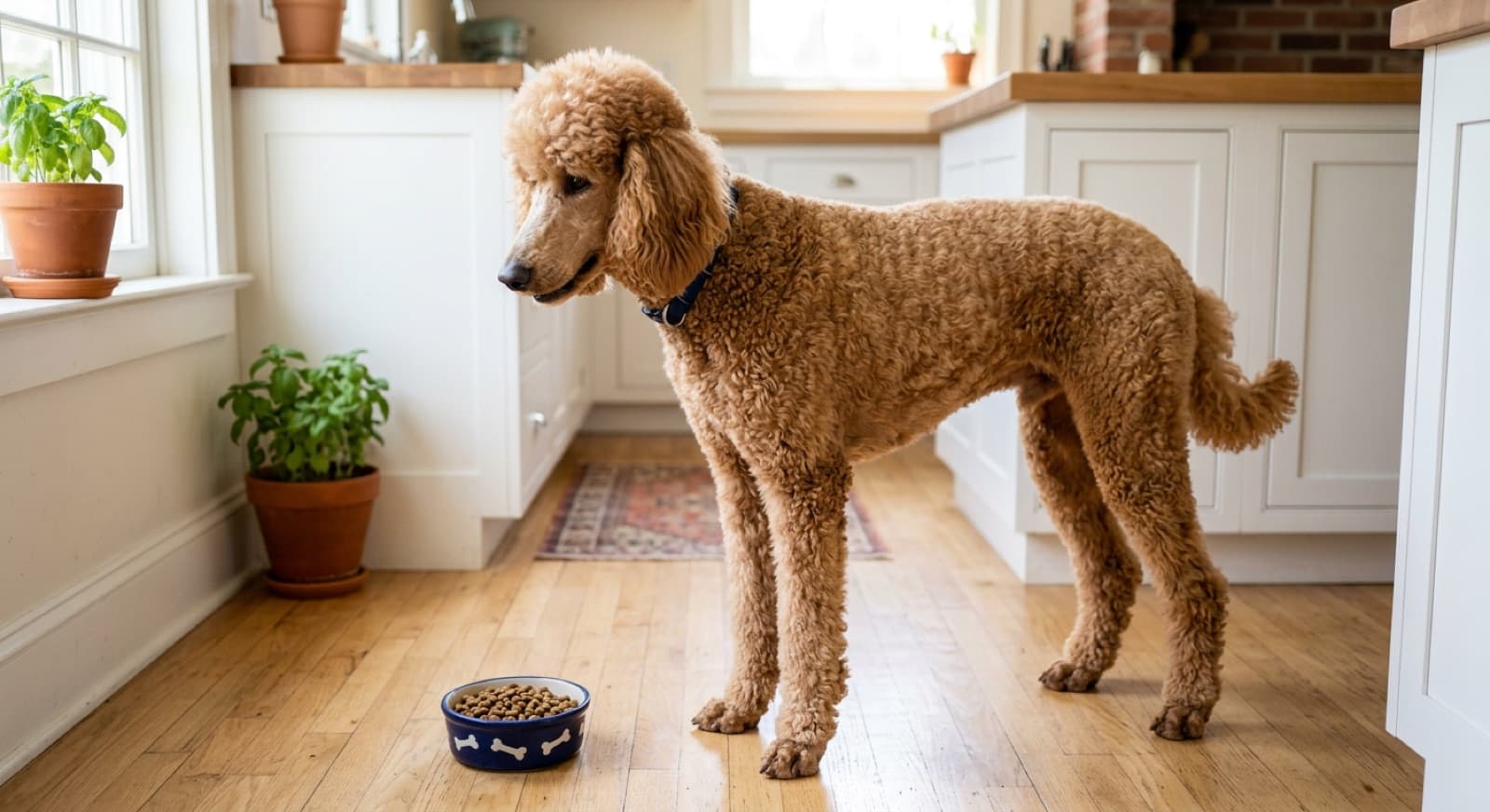 Standard Poodle standing beside a bowl of kibble in a bright home kitchen