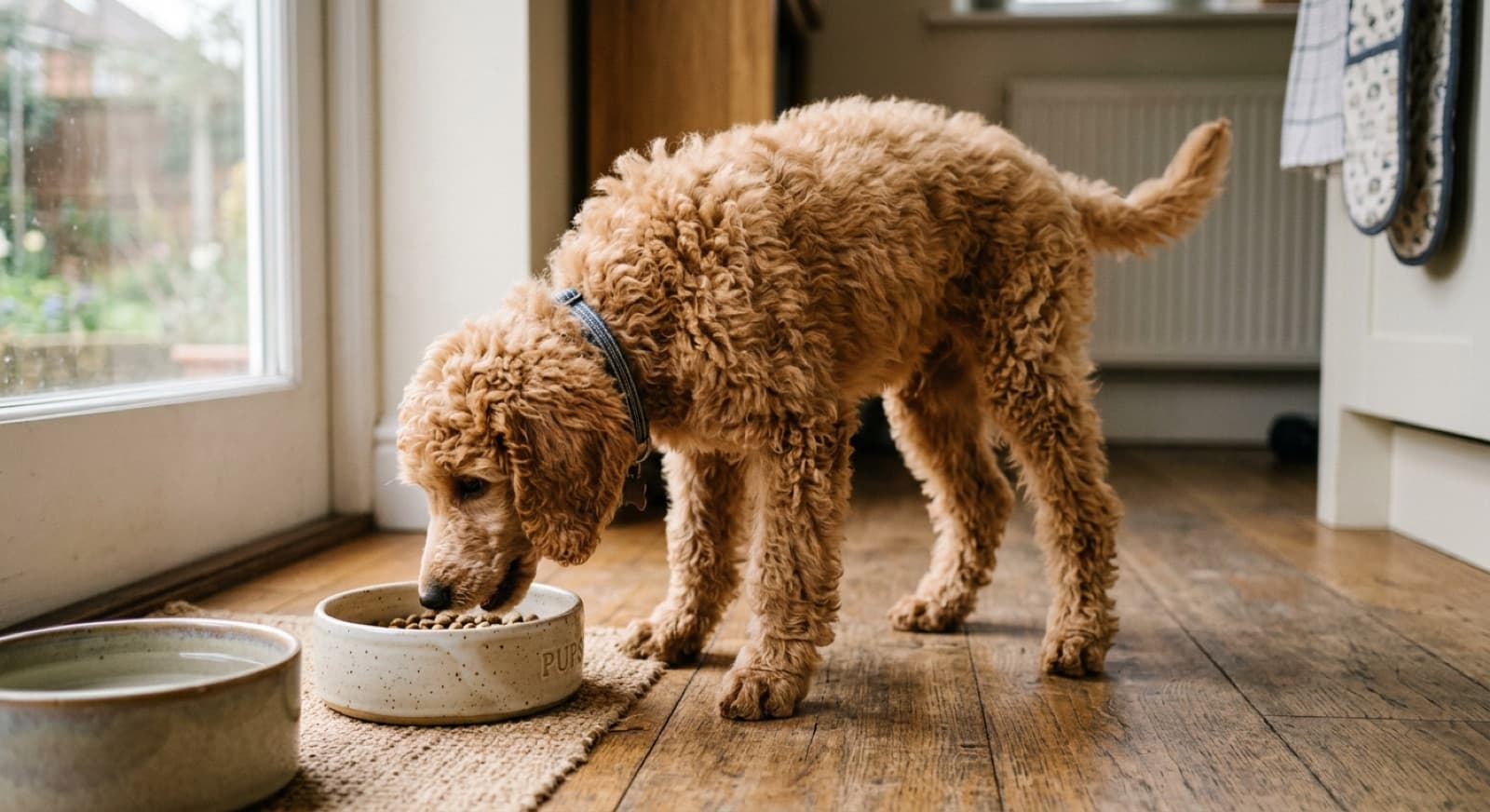 Standard Poodle puppy eating from a bowl on a home kitchen floor