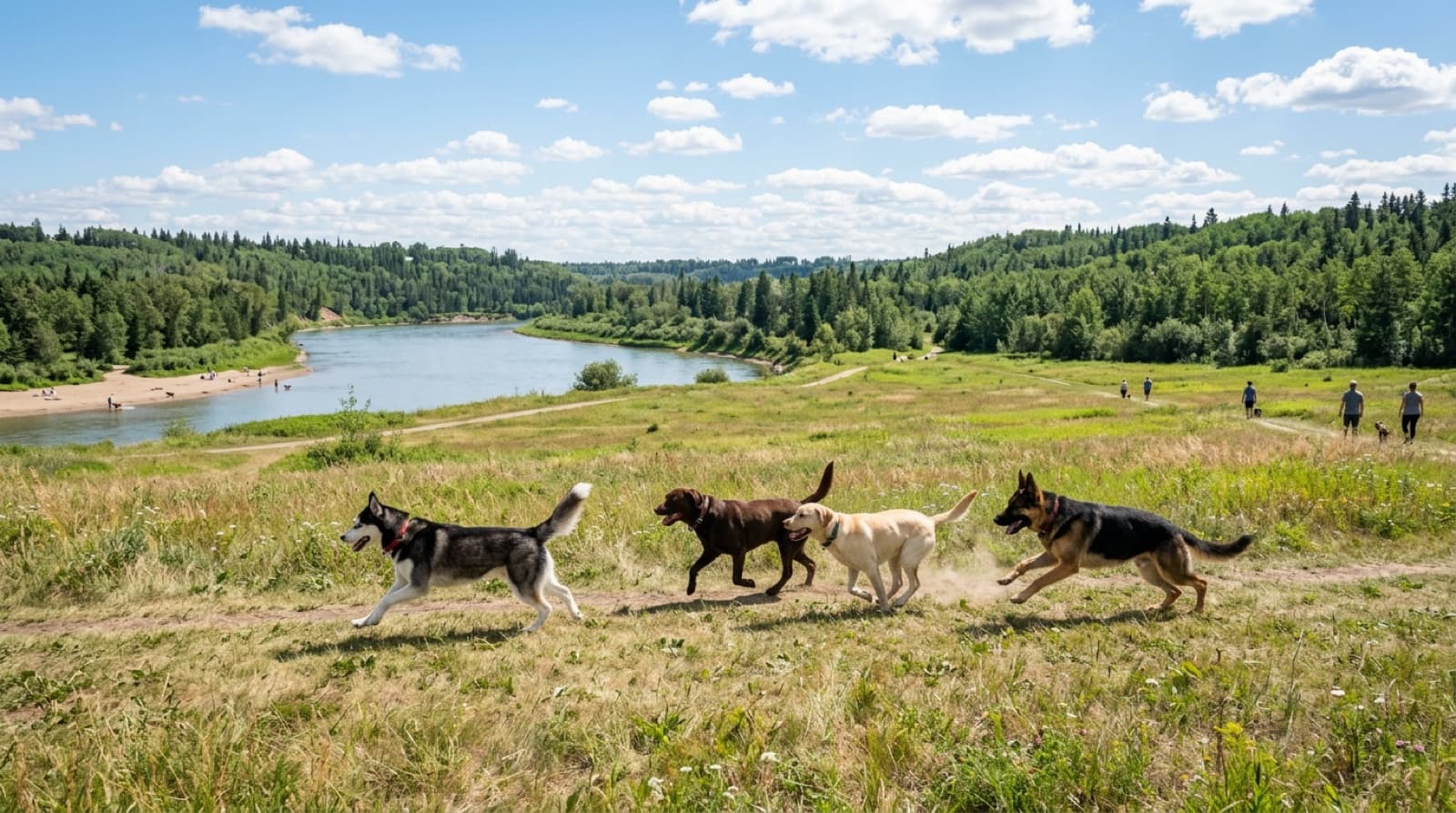 Multiple dogs of varied breeds running across the wide open meadow at Terwillegar Park off-leash area in southwest Edmonton, with the North Saskatchewan River curving through the background.