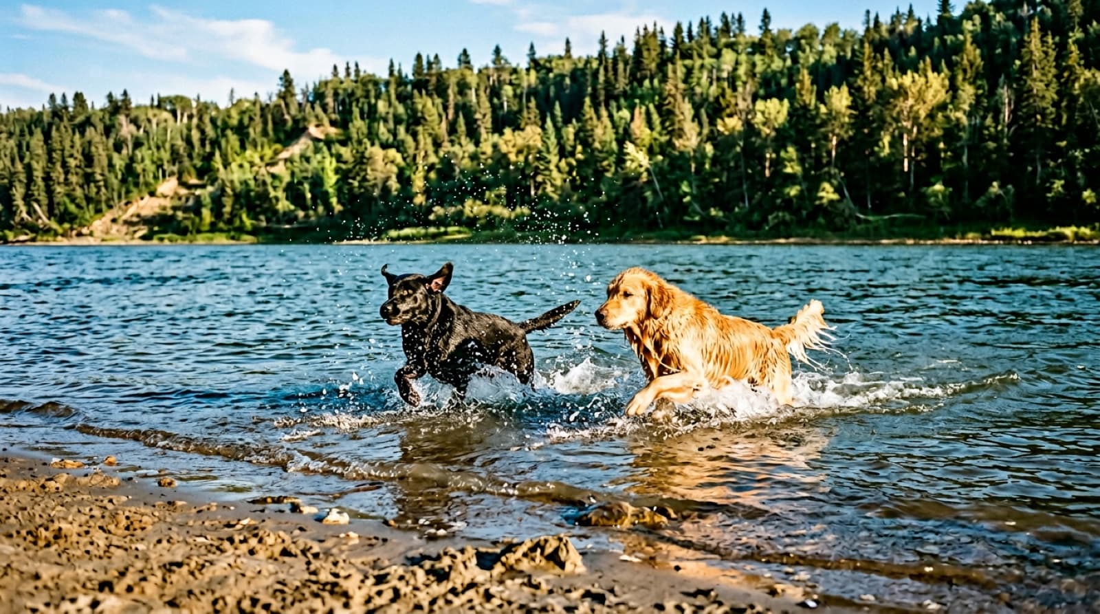 A black Labrador and a golden retriever swimming in the North Saskatchewan River at Terwillegar Park's river beach in southwest Edmonton on a mid-summer afternoon.