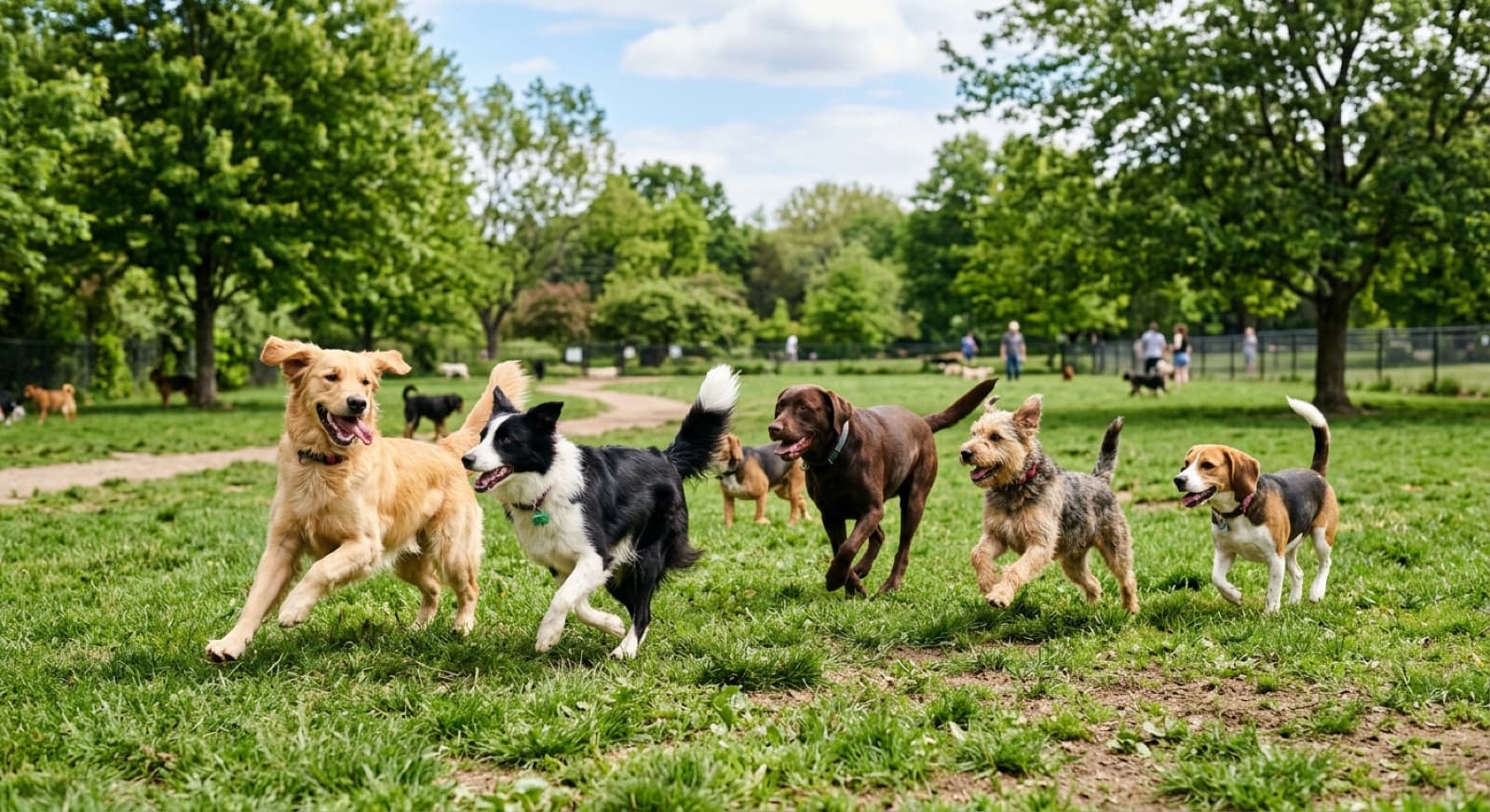 Dogs playing together at a Toronto off-leash dog park on a sunny day