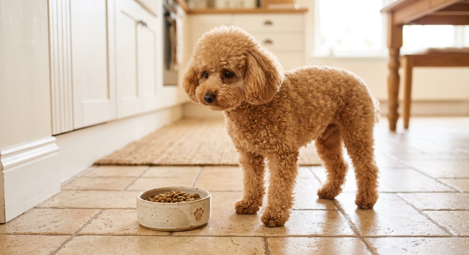 Toy Poodle standing beside a small bowl of kibble in a bright home kitchen
