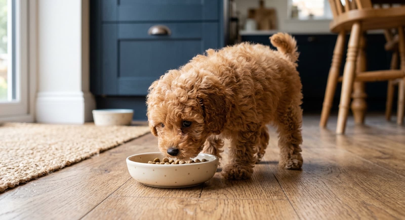 Toy Poodle puppy eating from a small shallow bowl on a home kitchen floor