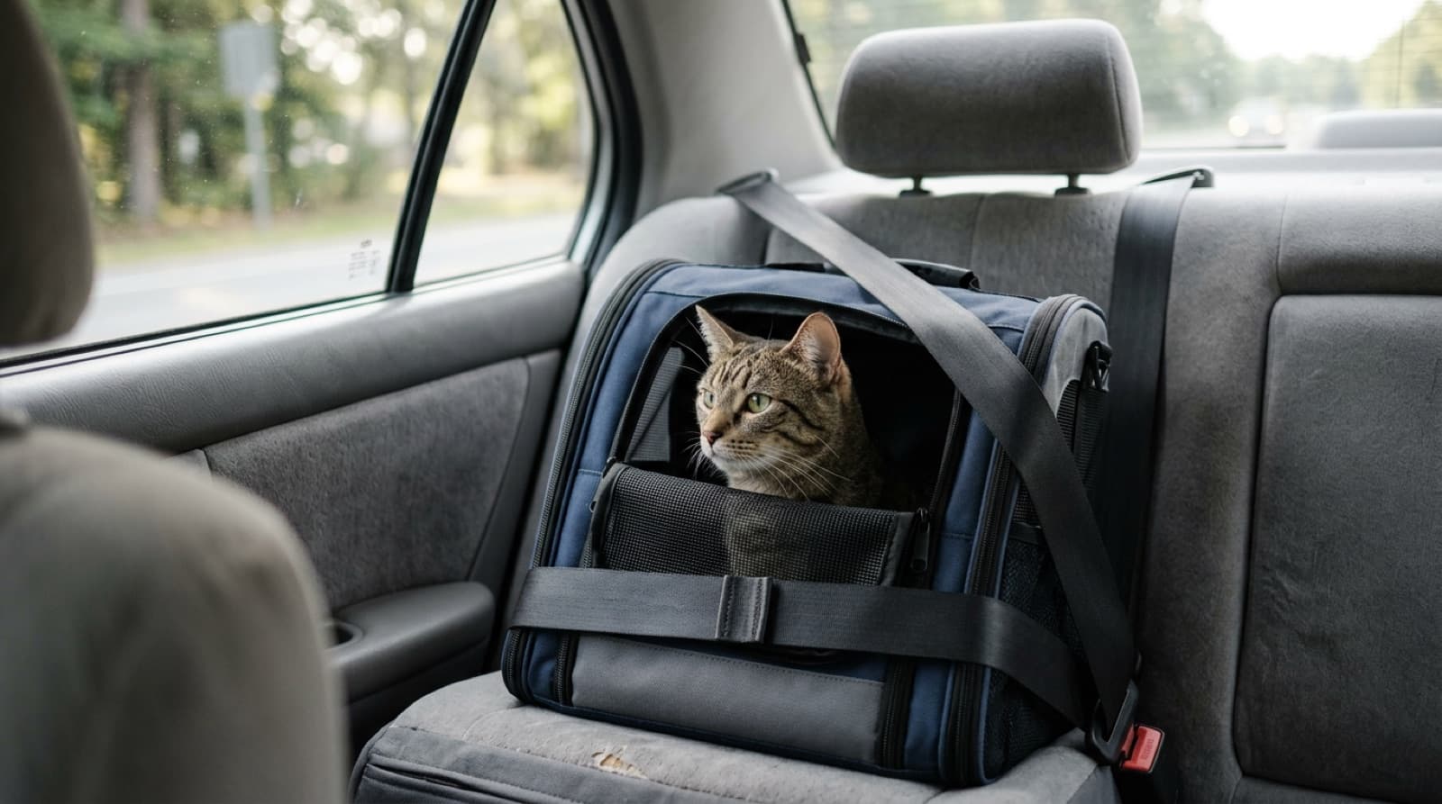 A cat carrier secured with a seatbelt on the back seat of a car, a cat visible inside looking calm