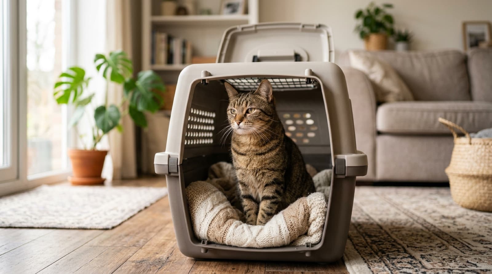 A calm cat sitting inside a hard-sided top-loading cat carrier with the top open, in a bright home