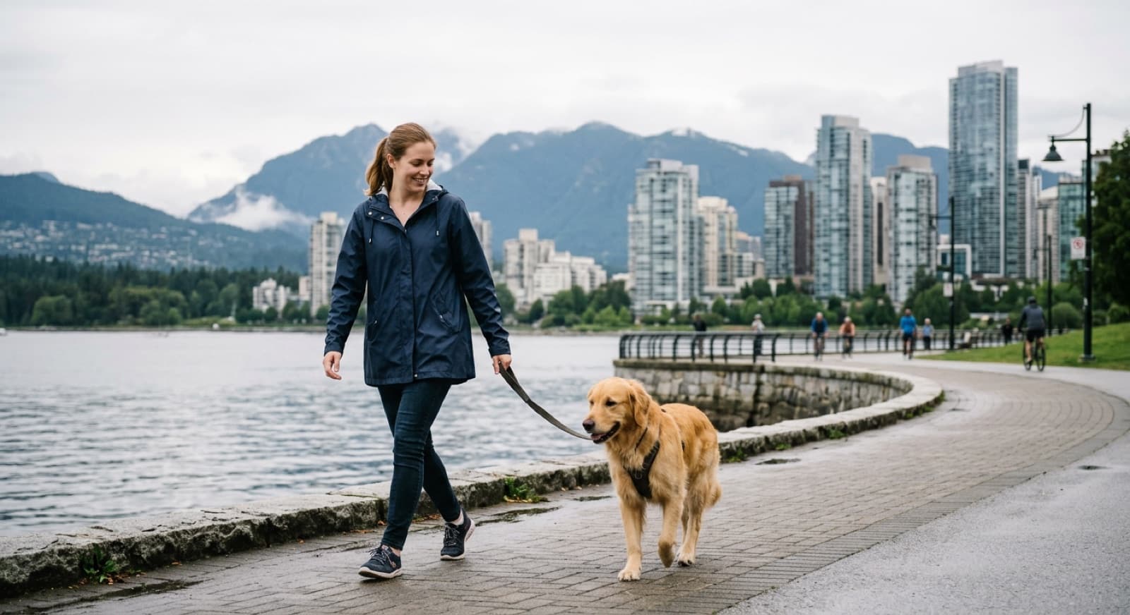 A dog on a leash beside its owner on a Vancouver seawall path