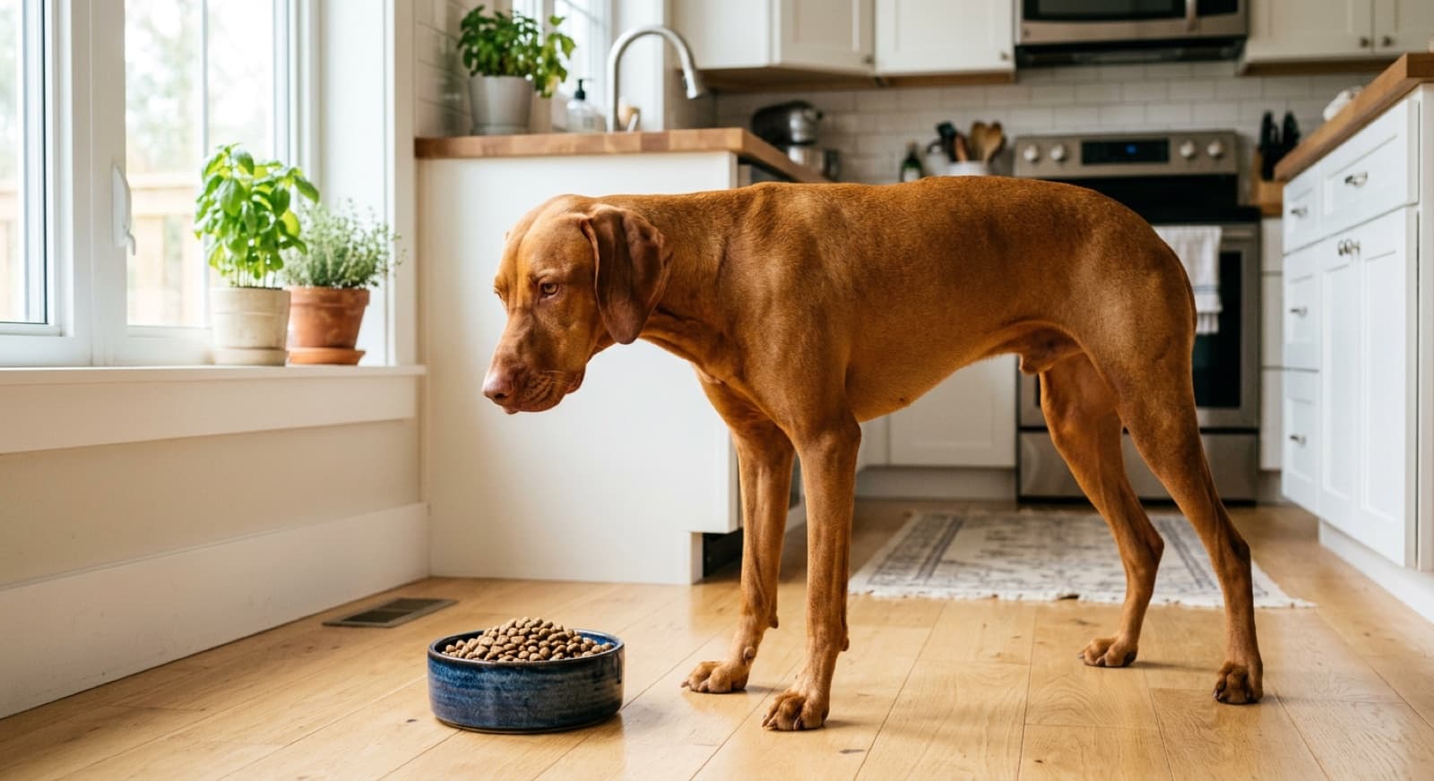 Lean Vizsla standing beside a bowl of kibble in a bright home kitchen