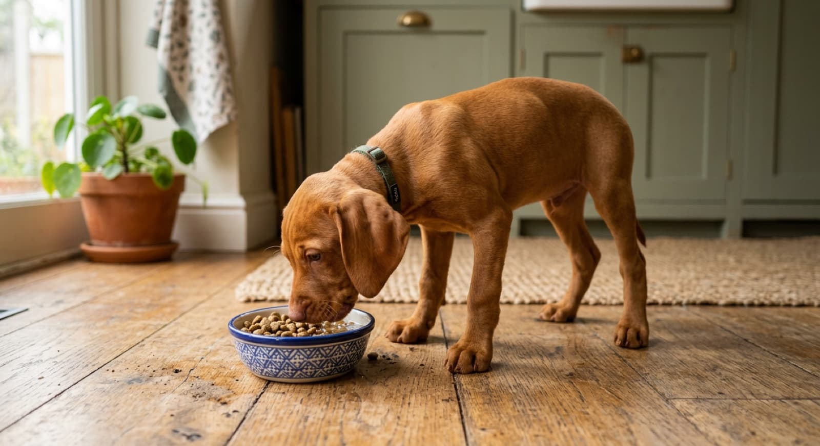 Vizsla puppy eating from a bowl on a home kitchen floor
