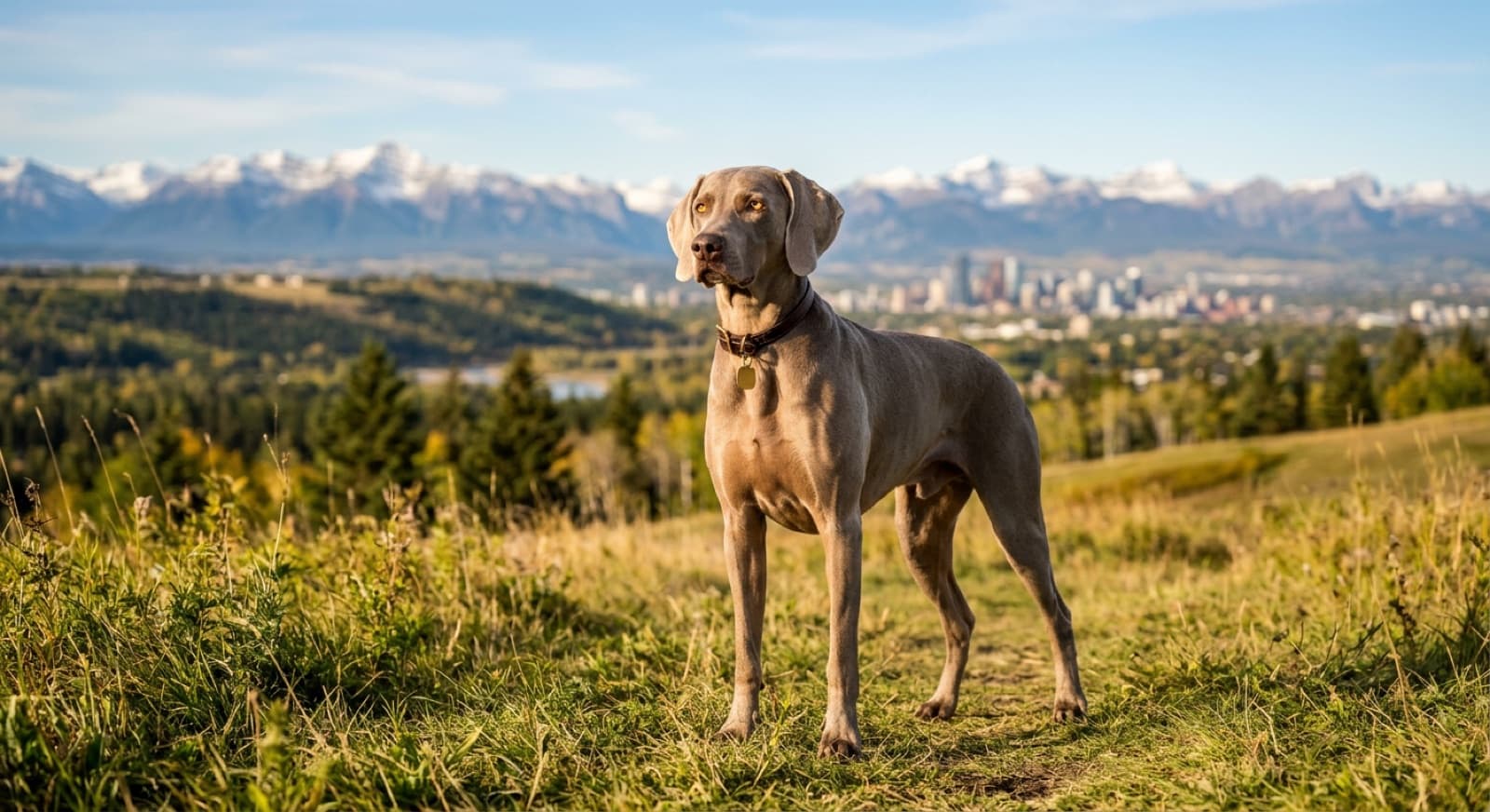 A sleek silver-grey Weimaraner with amber eyes standing alert in a sunny Calgary park, mountains in the distance