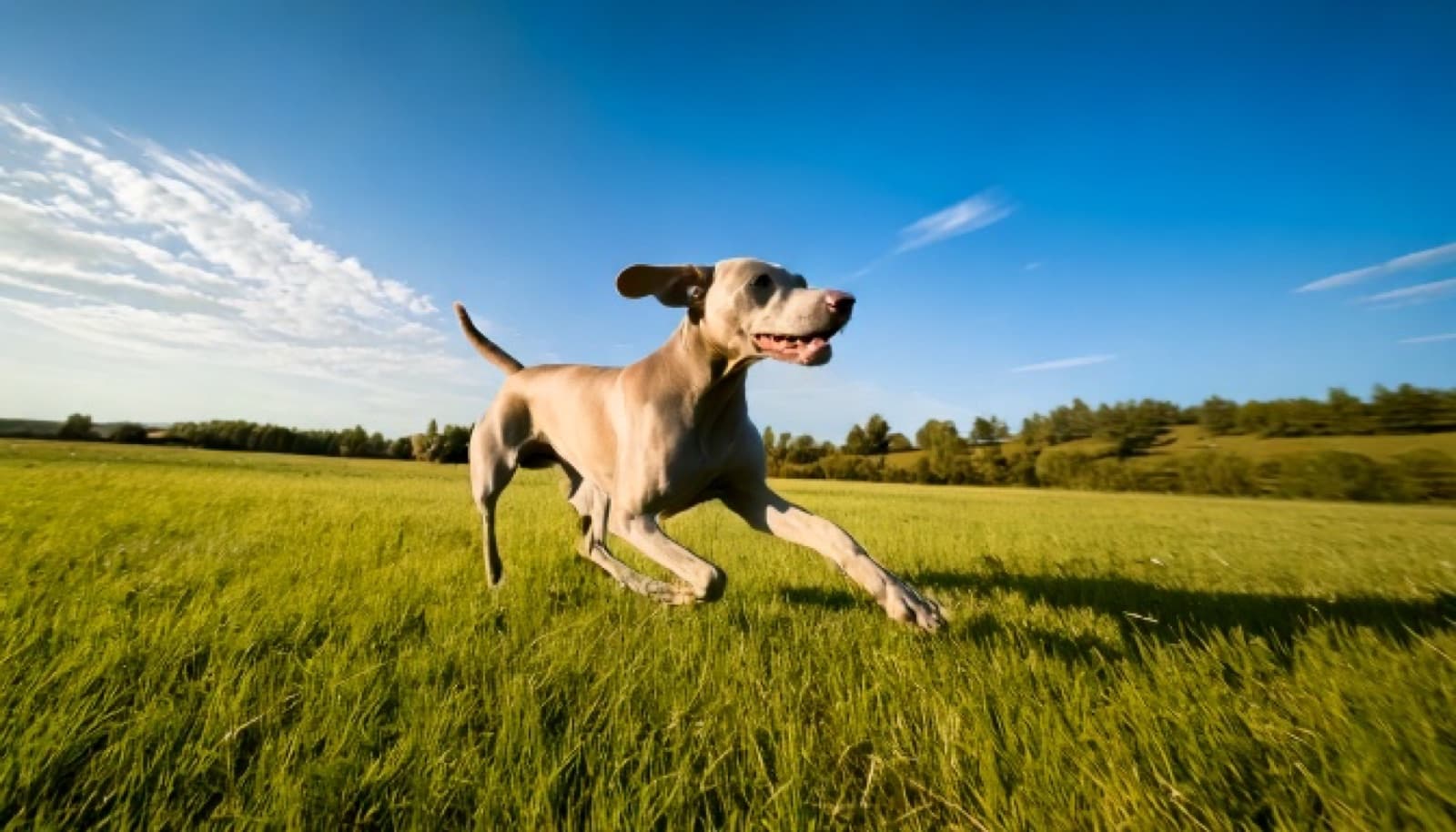 A Weimaraner galloping off-leash on a Vancouver beach