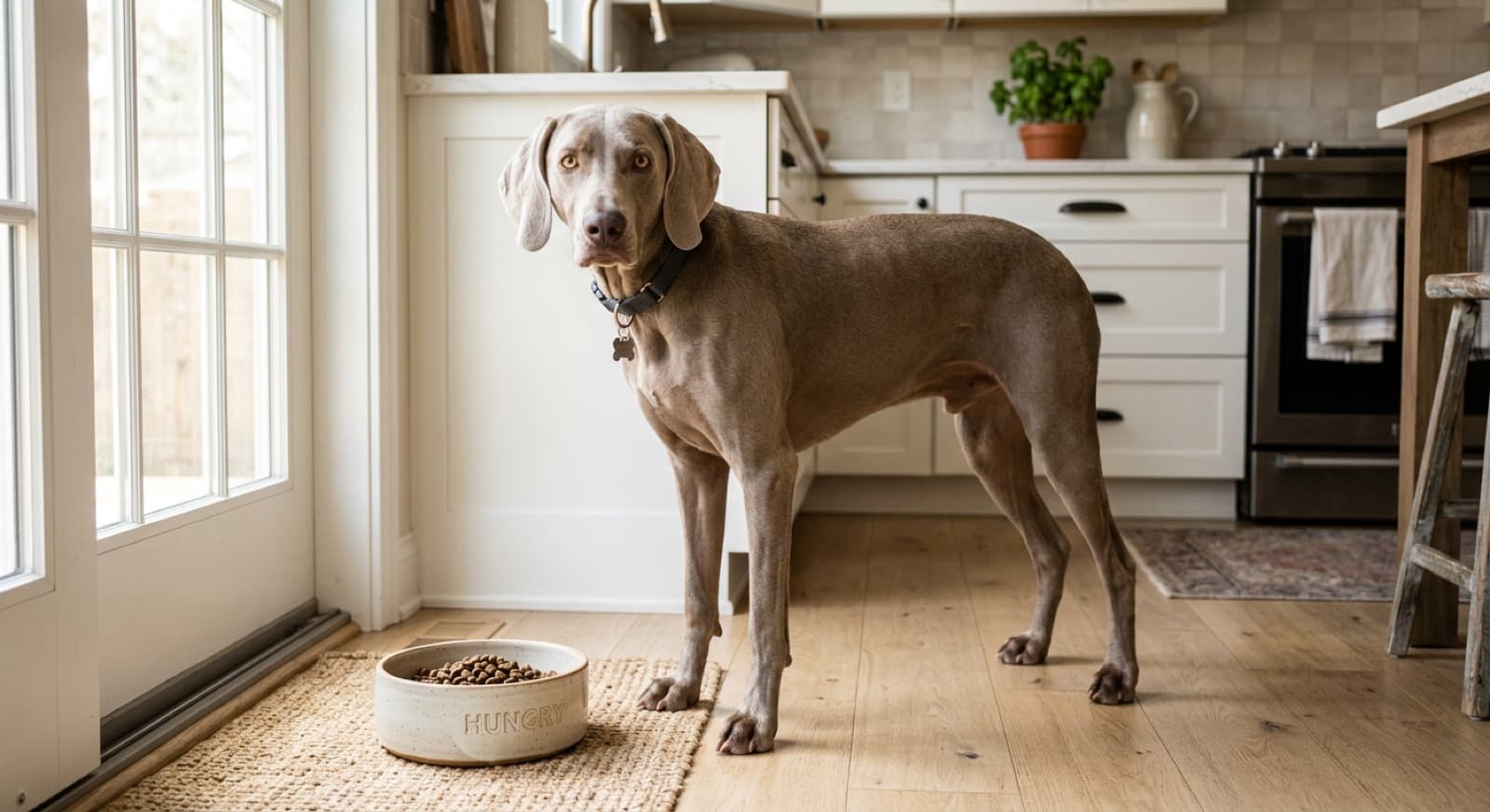Weimaraner standing beside a bowl of kibble in a bright home kitchen