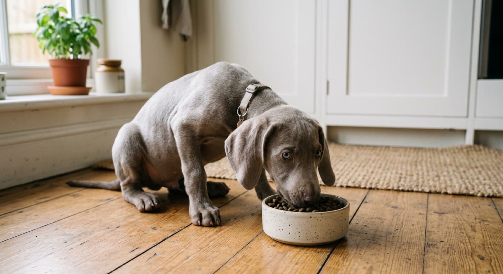 Weimaraner puppy eating from a bowl on a home kitchen floor