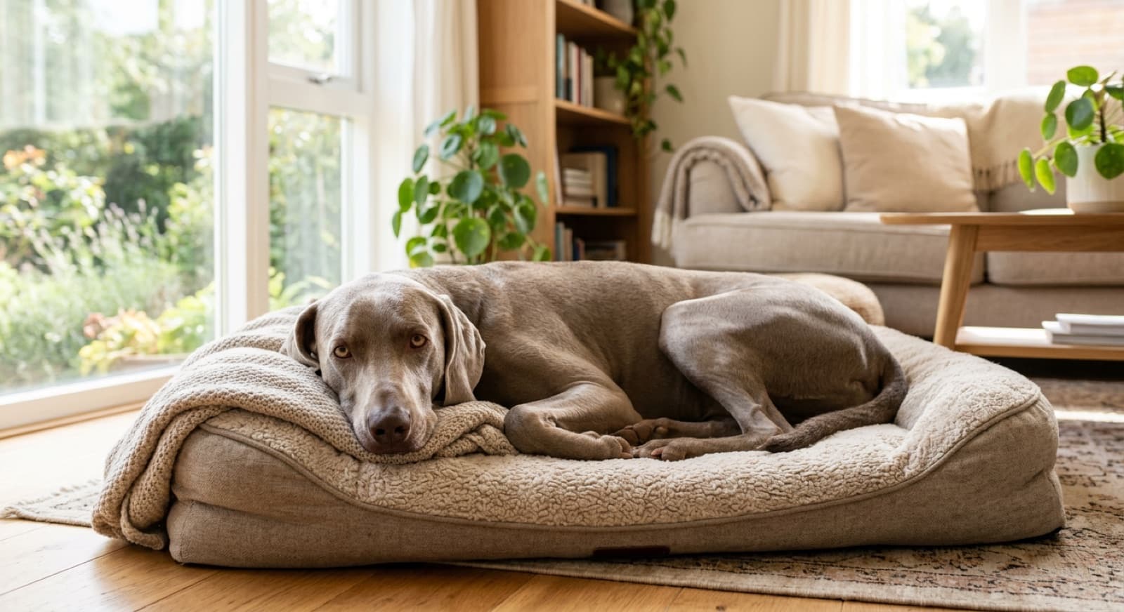 A silver-grey Weimaraner resting calmly and contentedly on a dog bed in a bright Calgary living room
