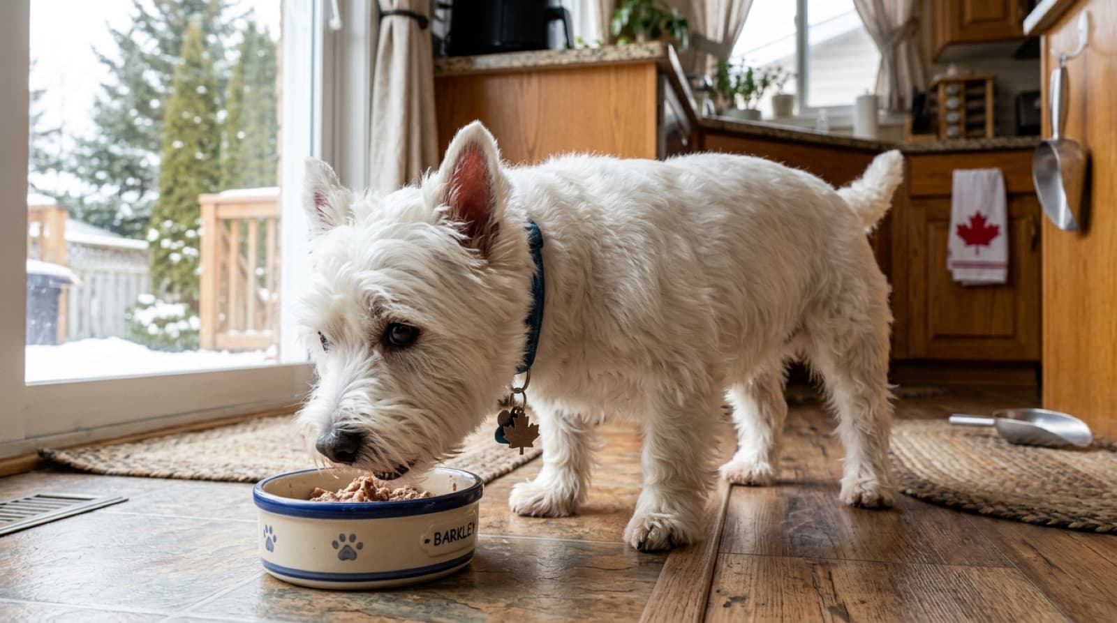 West Highland White Terrier beside a bowl of kibble in a bright home kitchen