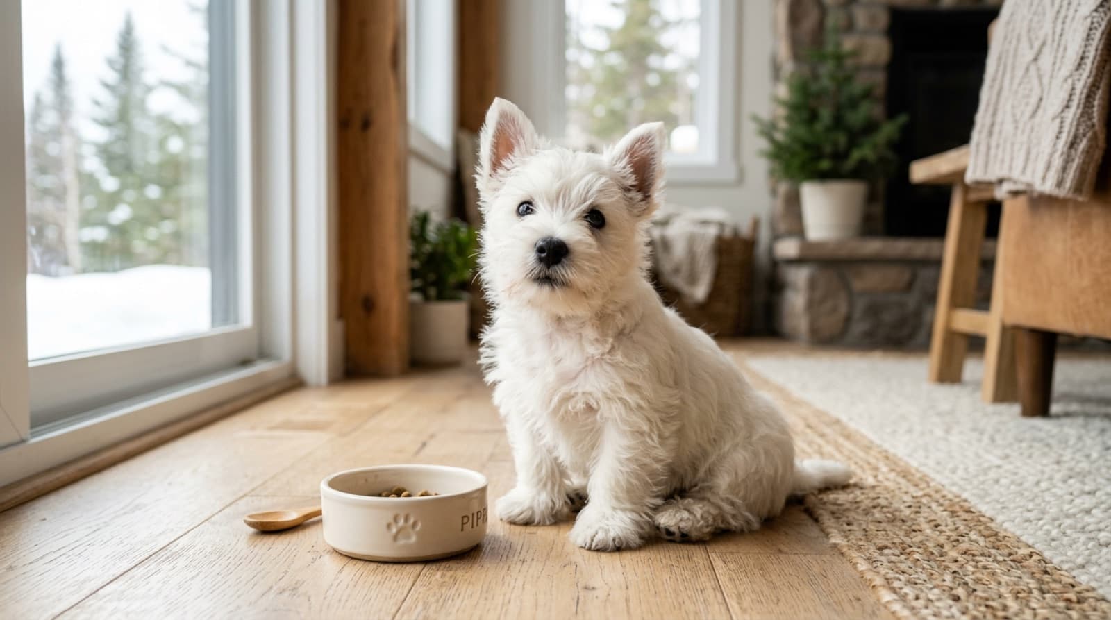 West Highland White Terrier puppy eating from a small bowl on a home kitchen floor