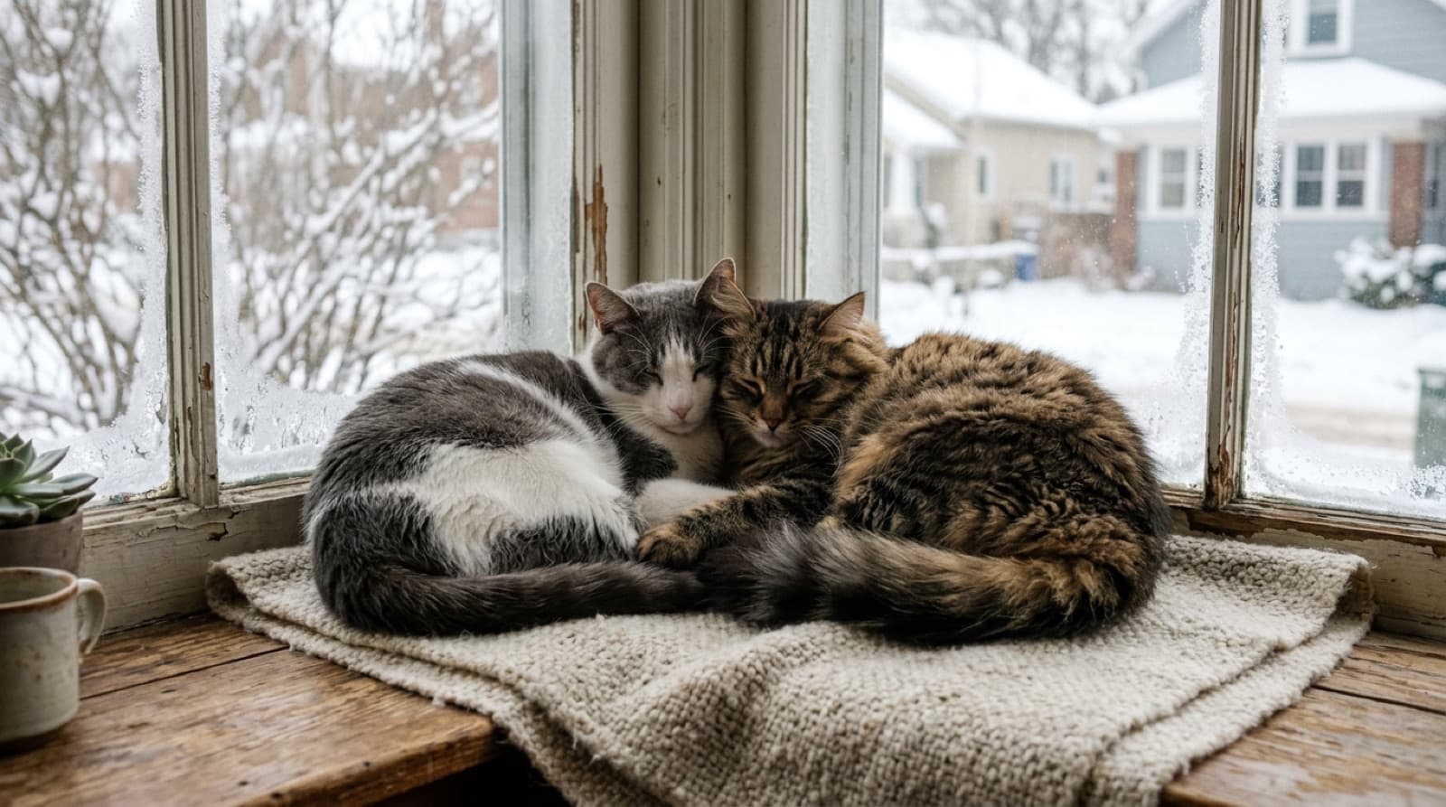 Two bonded rescue cats, a grey and white shorthair and a brown tabby, curled up asleep together on a windowsill above a snowy Canadian garden
