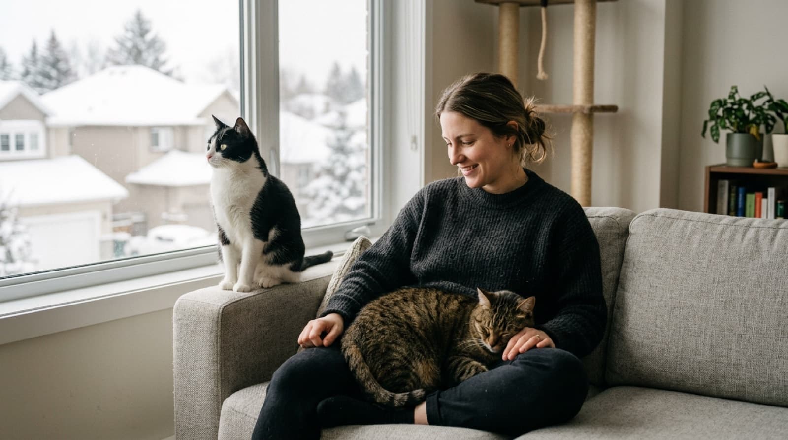 A person on a sofa with a tabby domestic shorthair asleep on their lap and a second cat sitting nearby, in a bright Canadian apartment