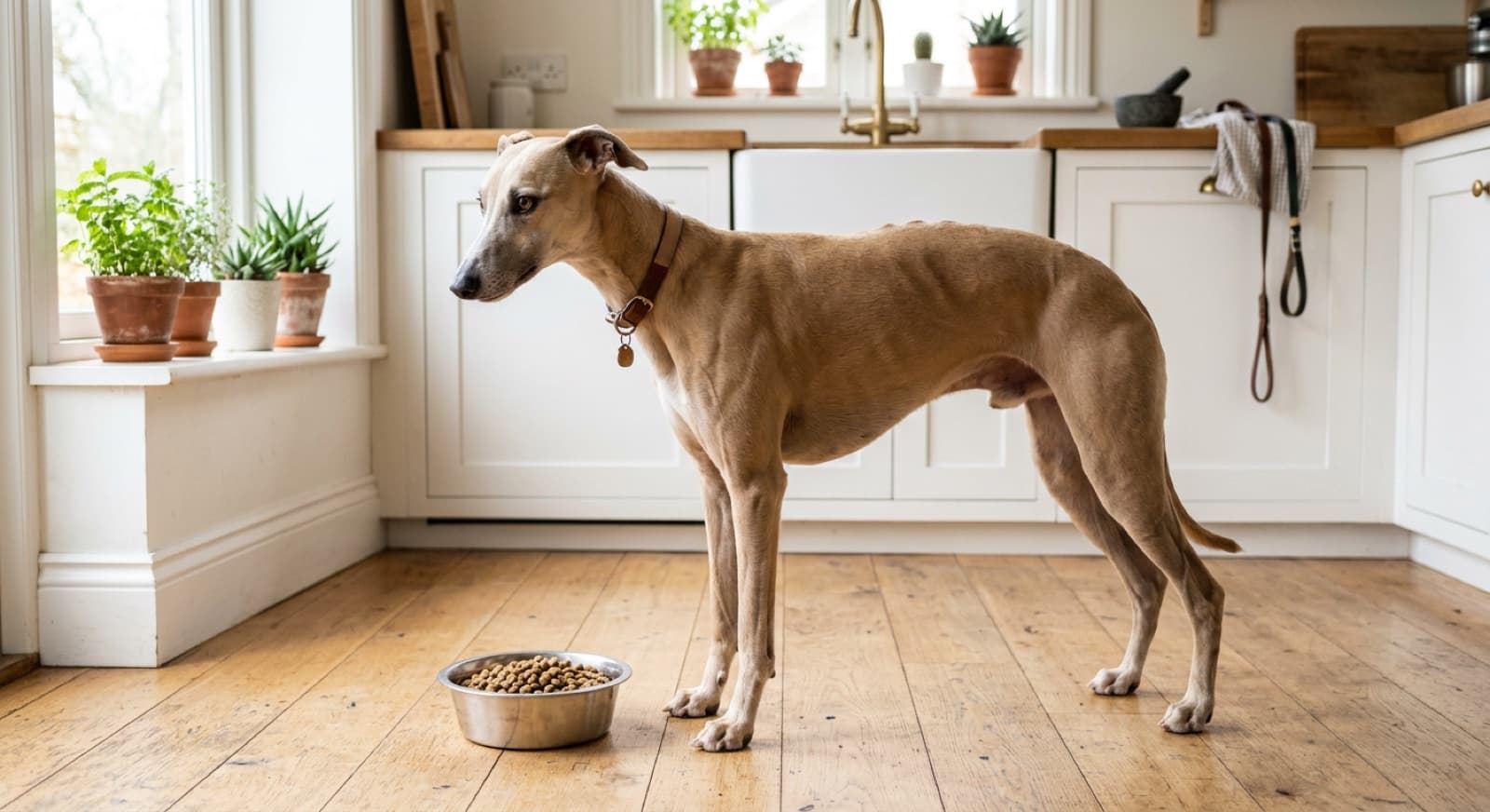 Lean Whippet standing beside a bowl of kibble in a bright home kitchen