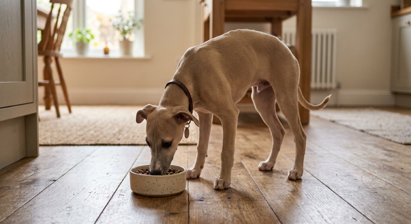 Whippet puppy eating from a bowl on a home kitchen floor