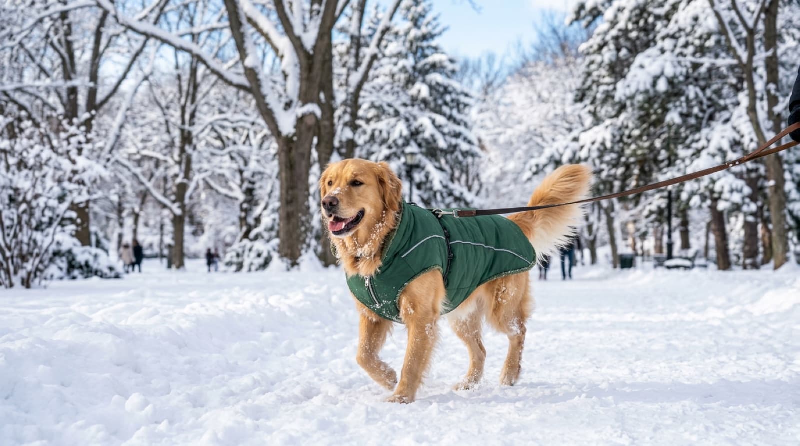 A dog in a warm coat walking through snow in a Toronto park in winter