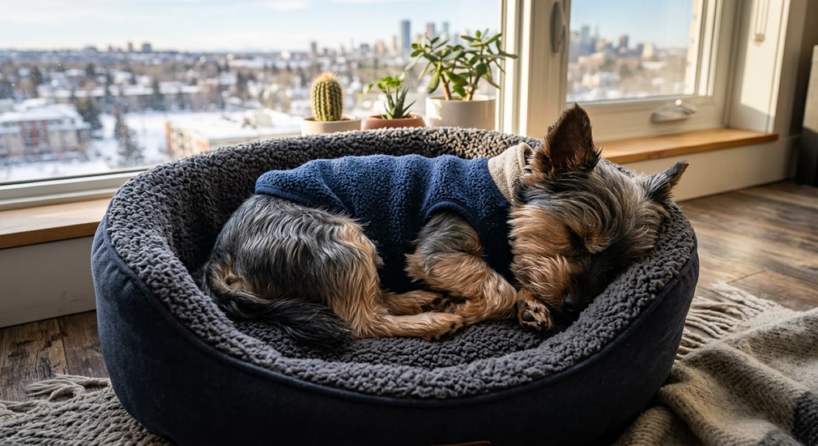 A Yorkshire Terrier being fitted into an insulated winter coat with belly coverage for Calgary cold weather