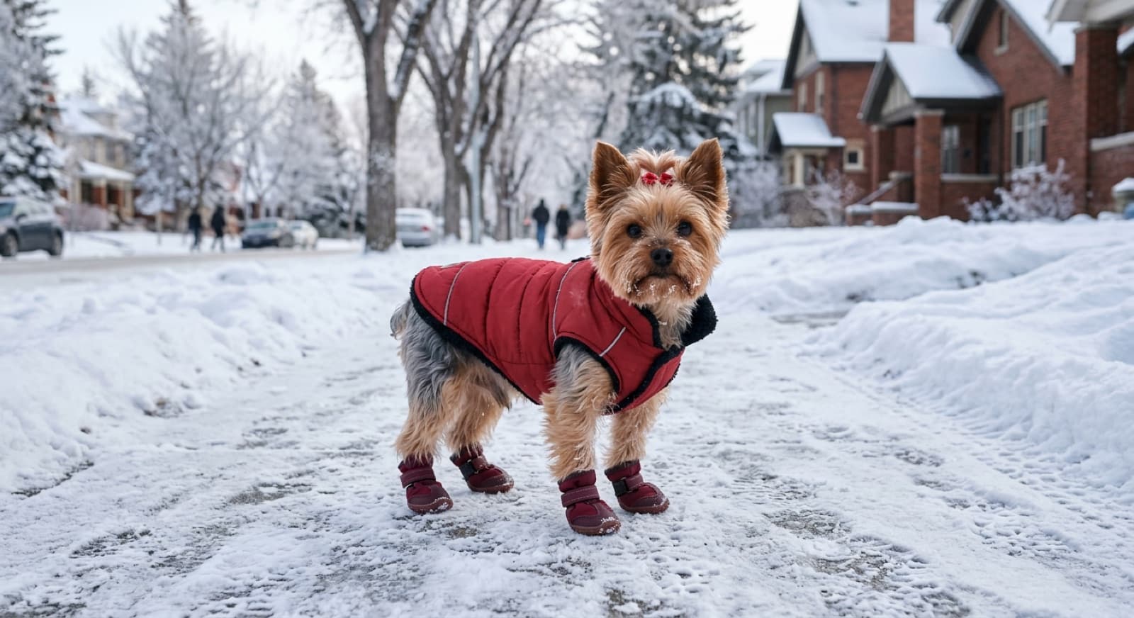 A small Yorkshire Terrier in an insulated winter coat and booties standing on a snowy Calgary sidewalk