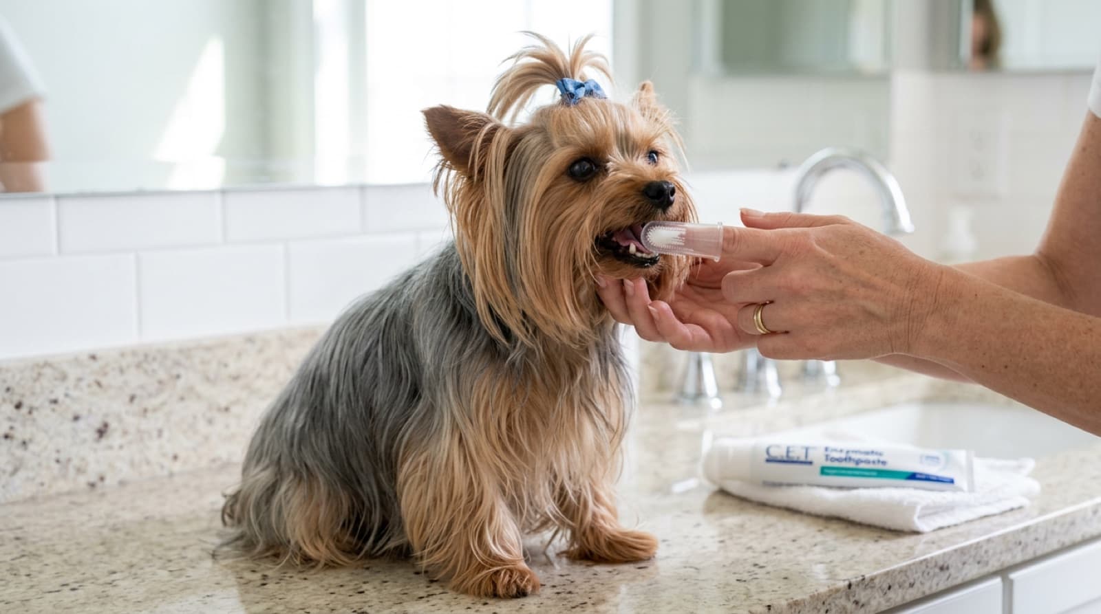 A Yorkshire Terrier sitting calmly while an owner gently brushes the dog's teeth with a finger brush and dog toothpaste in a bright Edmonton bathroom, illustrating the daily 1 to 2 minute brushing routine that prevents periodontal disease