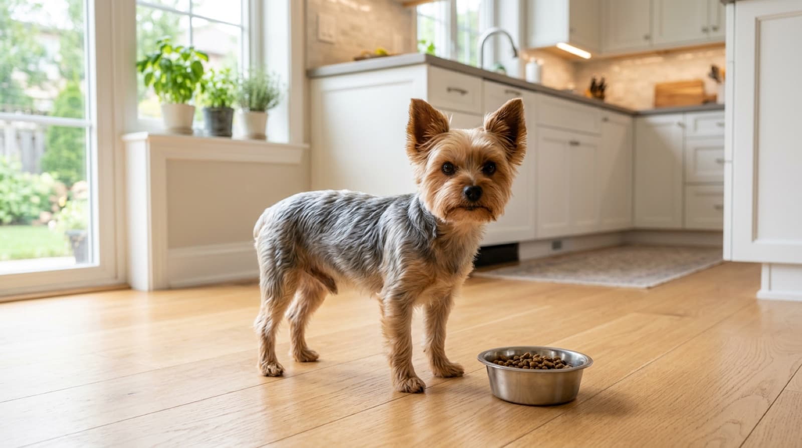 Yorkshire Terrier standing beside a small measured bowl of kibble in a bright home kitchen
