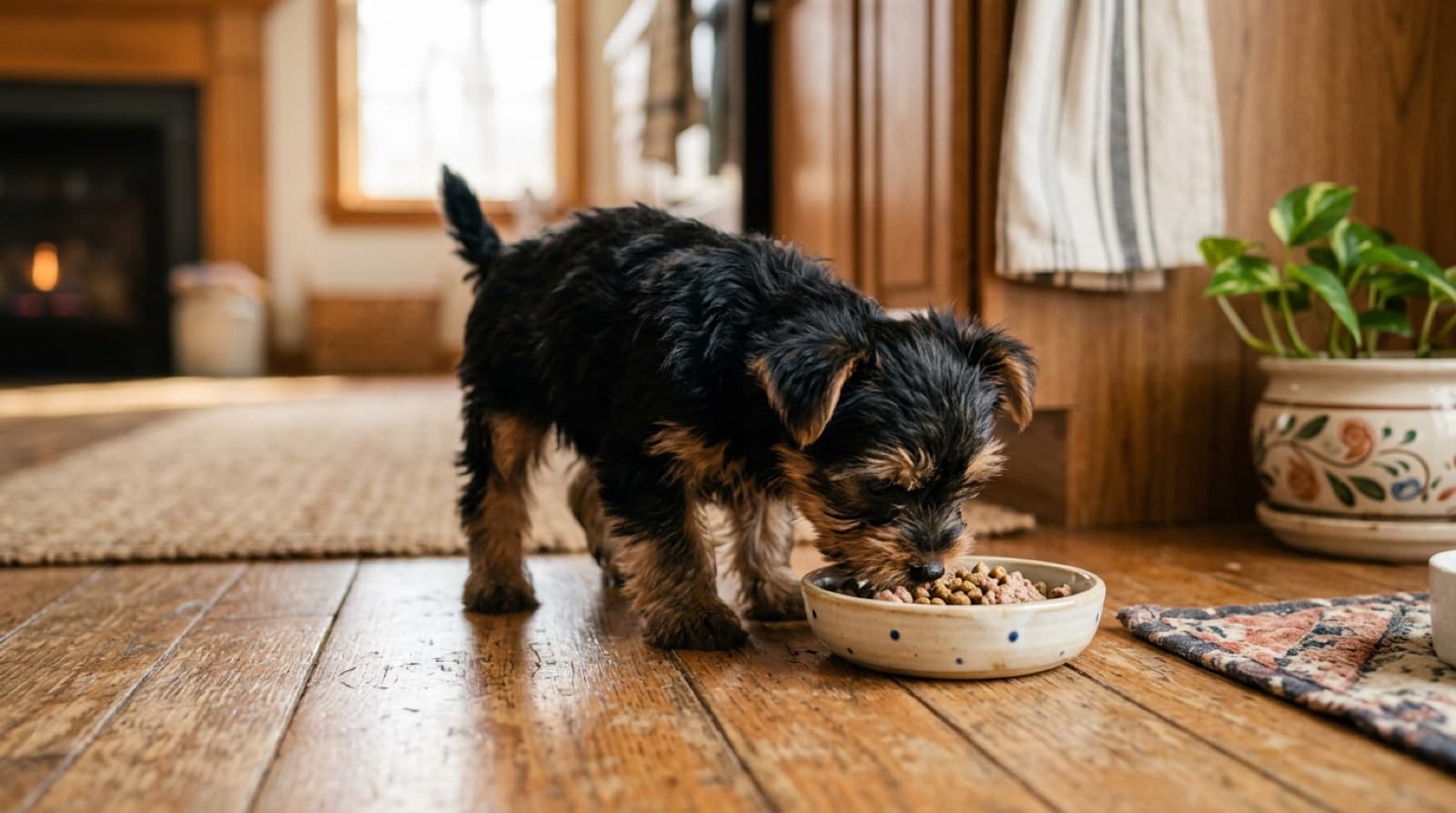 Yorkshire Terrier puppy eating from a small shallow bowl on a home kitchen floor
