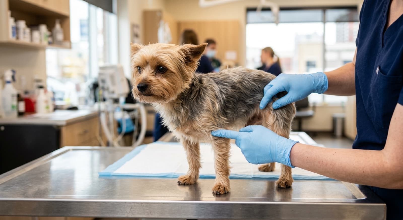 Calgary Yorkie at a vet exam for routine health screening and dental check