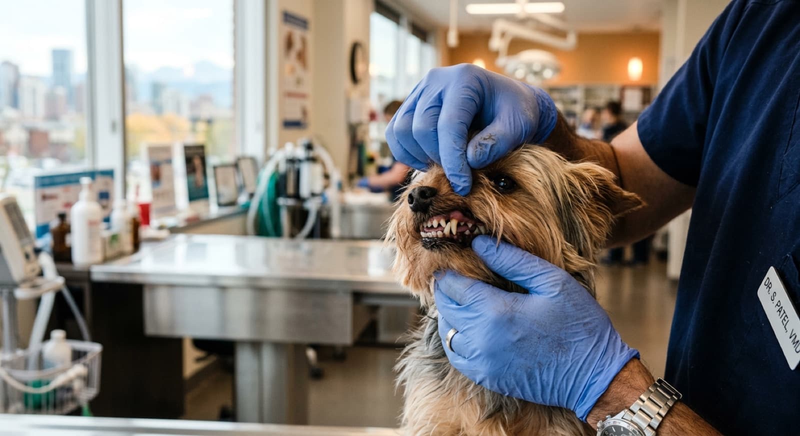 Yorkshire Terrier on an exam table at a Calgary veterinary clinic during a senior wellness check