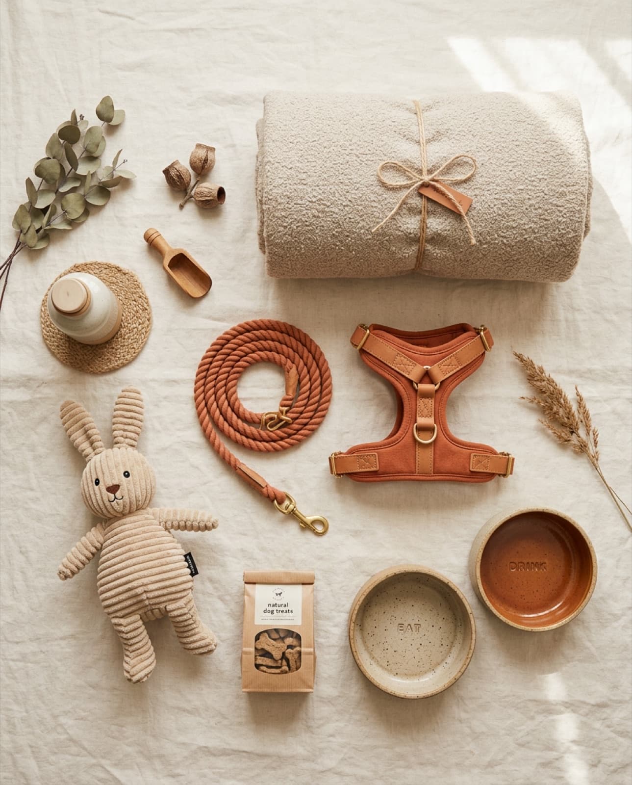Curated new-dog essentials laid out flat — harness, rope leash, ceramic eat and drink bowls, boucle blanket, plush bunny toy and natural dog treats