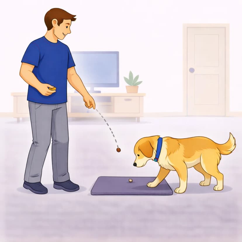 Dog lying down on mat while person gives a treat reward for getting on the mat