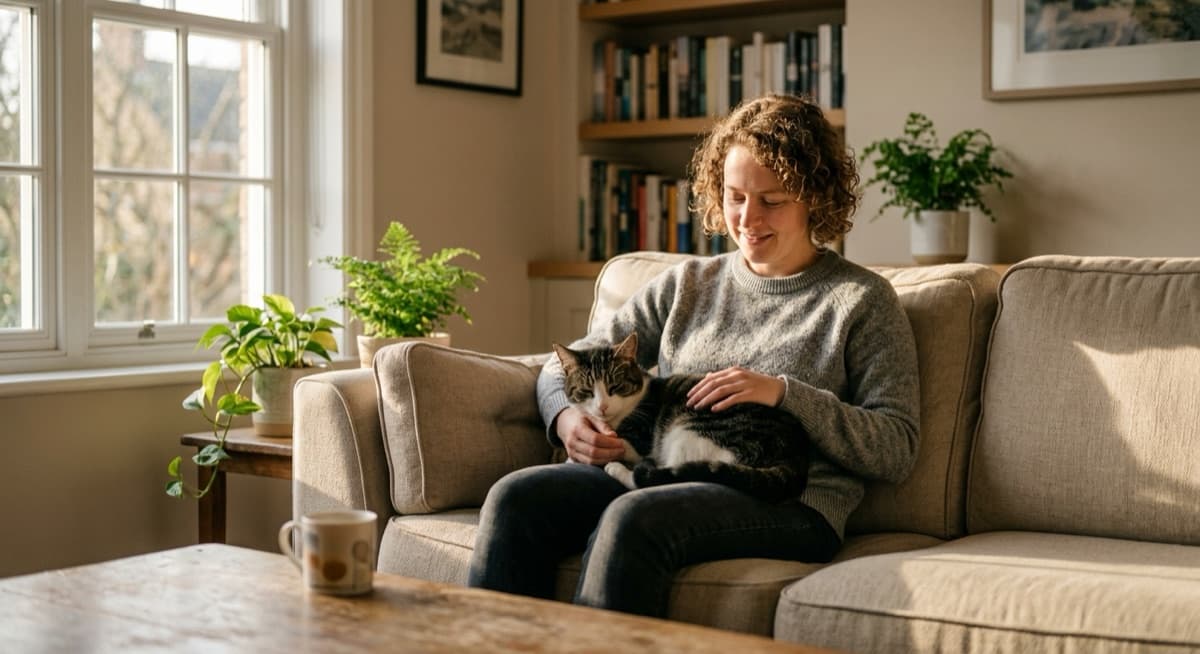 An owner with their rescue cat