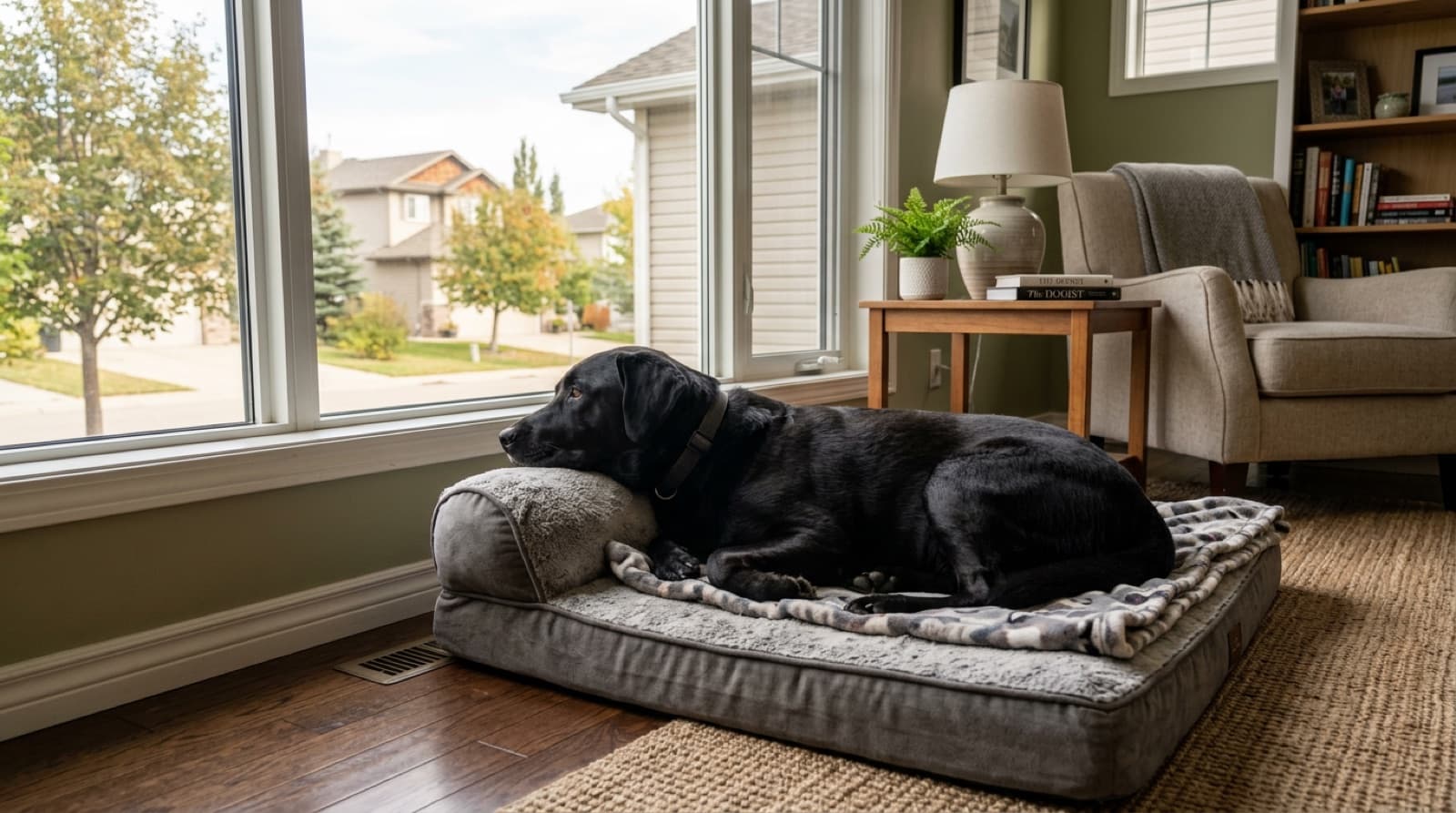 A rescue dog from a Strathcona County bylaw-agency intake settling into an AHHRB foster home in Sherwood Park during the pre-listing behavioural assessment