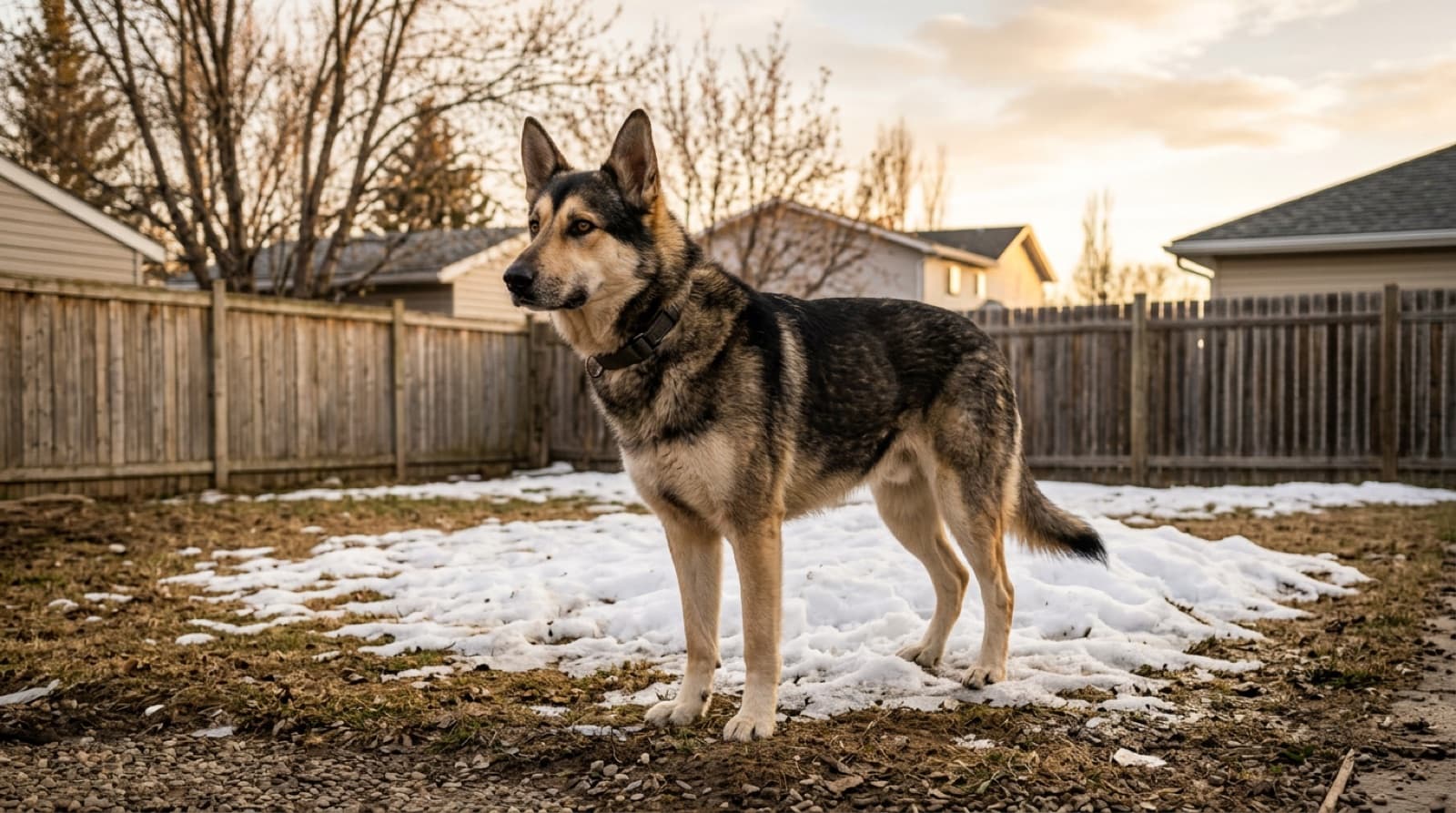 A rescue dog from a northern Alberta community standing in a SCARS foster home in Edmonton metro during the temperament evaluation phase of the adoption process