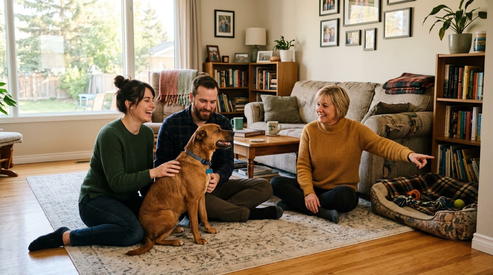 A family meeting an adoptable dog at a foster home in Edmonton, with the foster volunteer pointing out the dog's favourite resting spot during a Zoe's Animal Rescue meet-and-greet