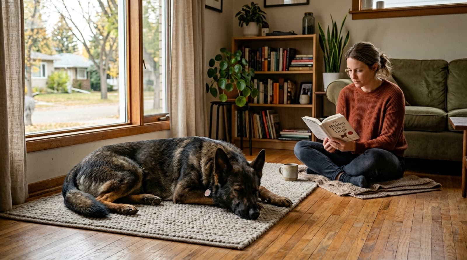 A rescue German Shepherd lying calmly in an Edmonton living room with the new adopter sitting on the floor giving the dog space, demonstrating the patient trust-building approach for trauma-history GSDs
