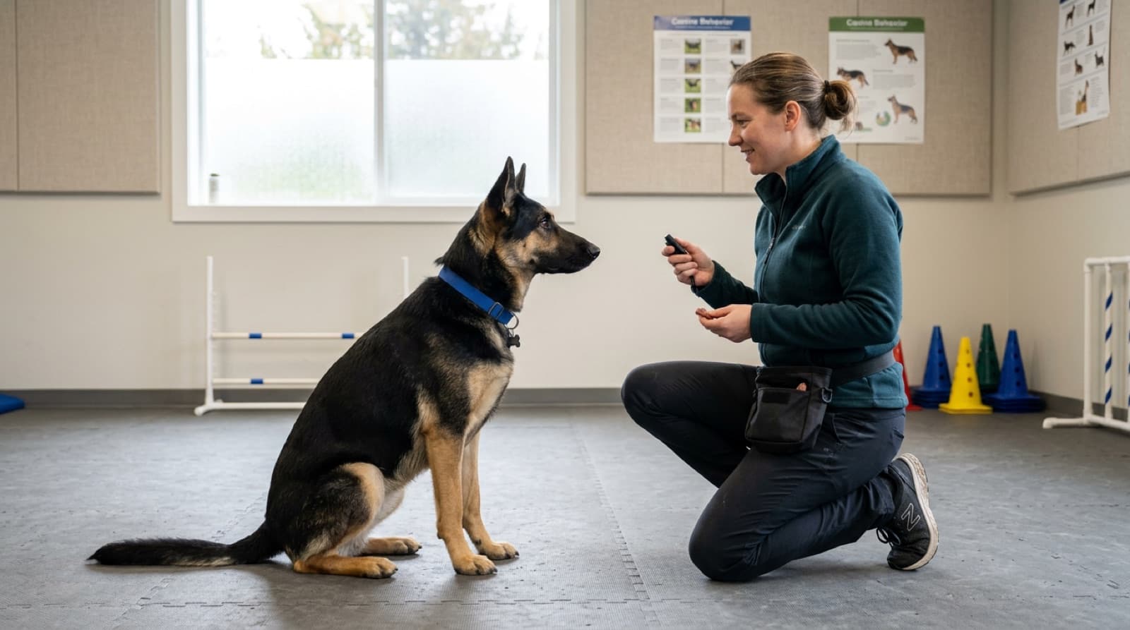 An Edmonton force-free trainer working with a rescue German Shepherd using positive reinforcement and high-value treats in a quiet training space