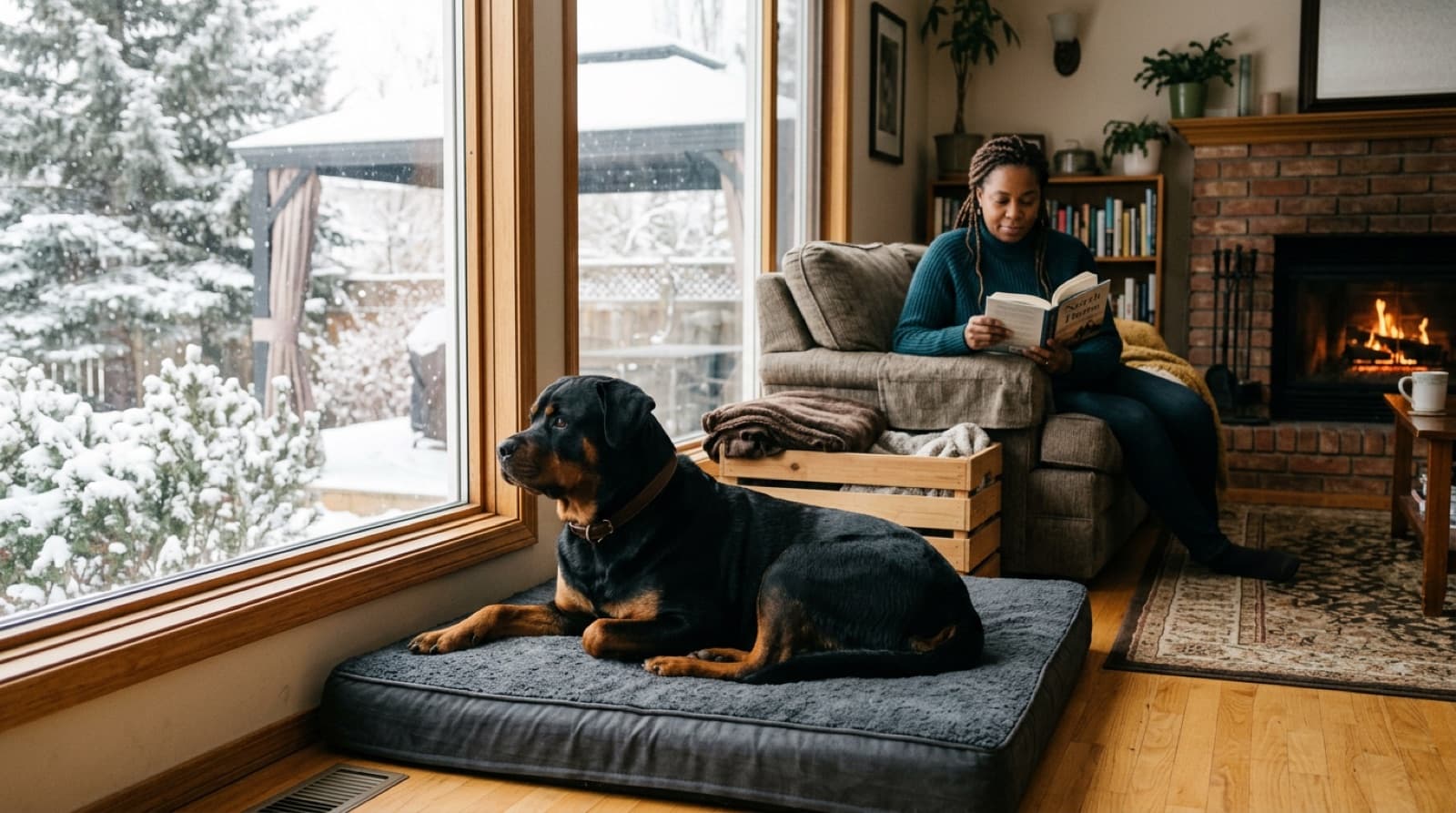 An adopter sitting on the floor of a quiet Edmonton living room about 8 feet from a recently-adopted adult Rottweiler resting calmly nearby, deliberately giving the dog space