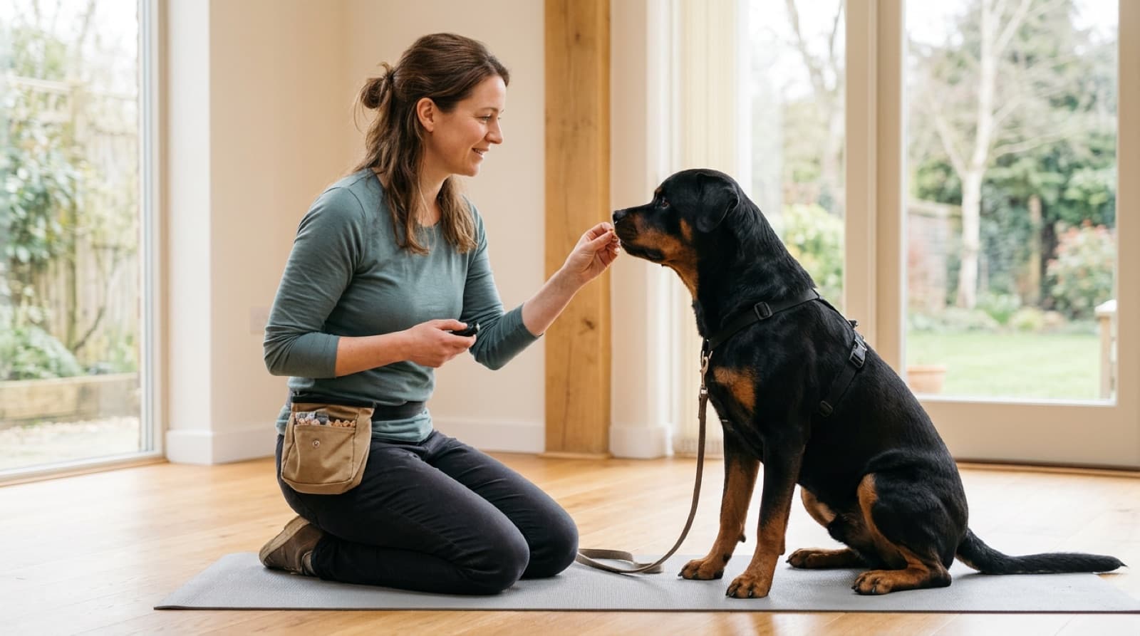 An Edmonton force-free trainer working with an adult Rottweiler using a clicker and high-value treats, demonstrating the positive-reinforcement methodology recommended for fear-reactive Rottweilers