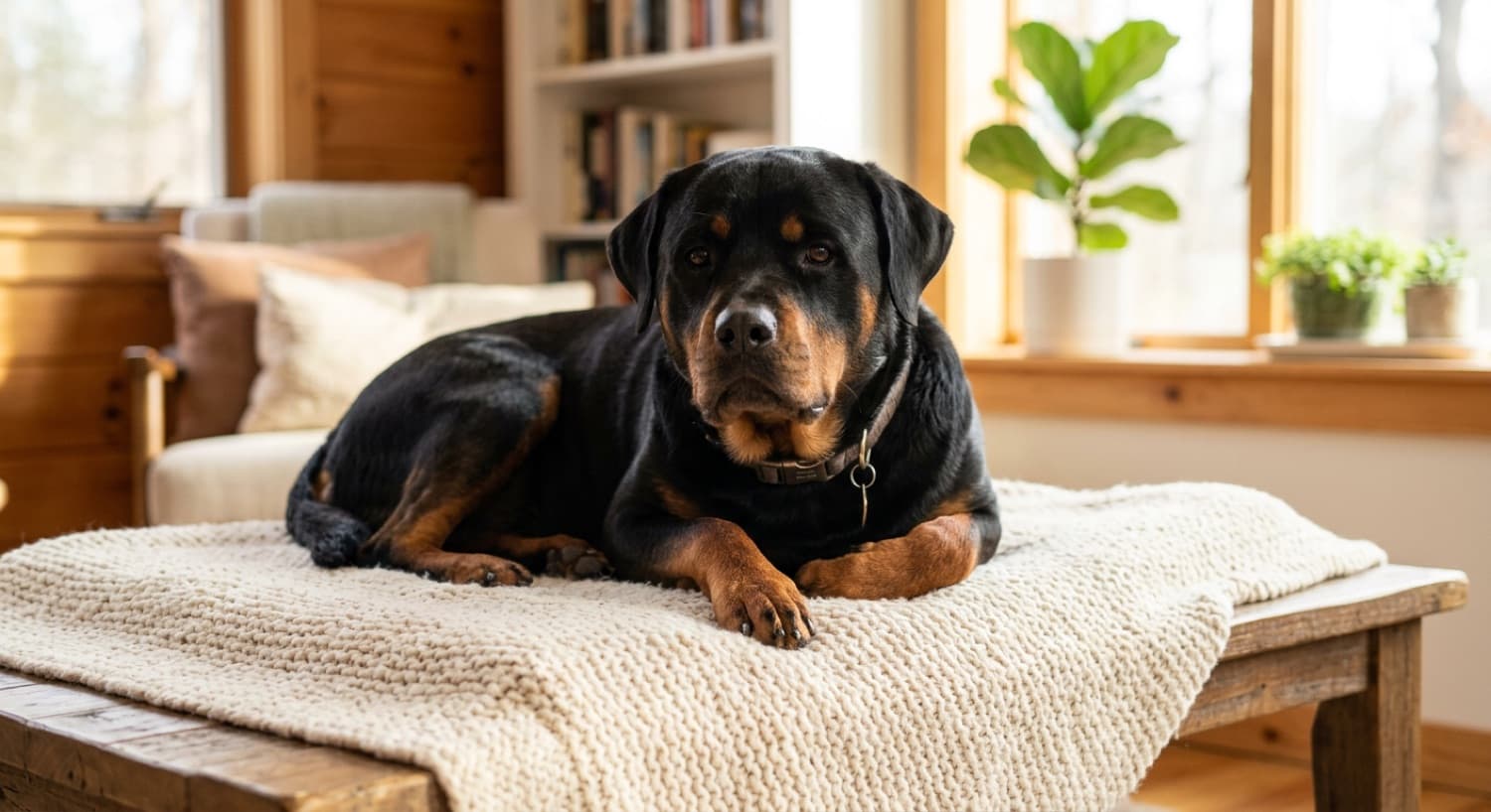 An adopter sitting on the floor of a quiet Toronto living room several feet away from a recently adopted adult Rottweiler resting in an open crate, giving the dog space and reading a book without making eye contact