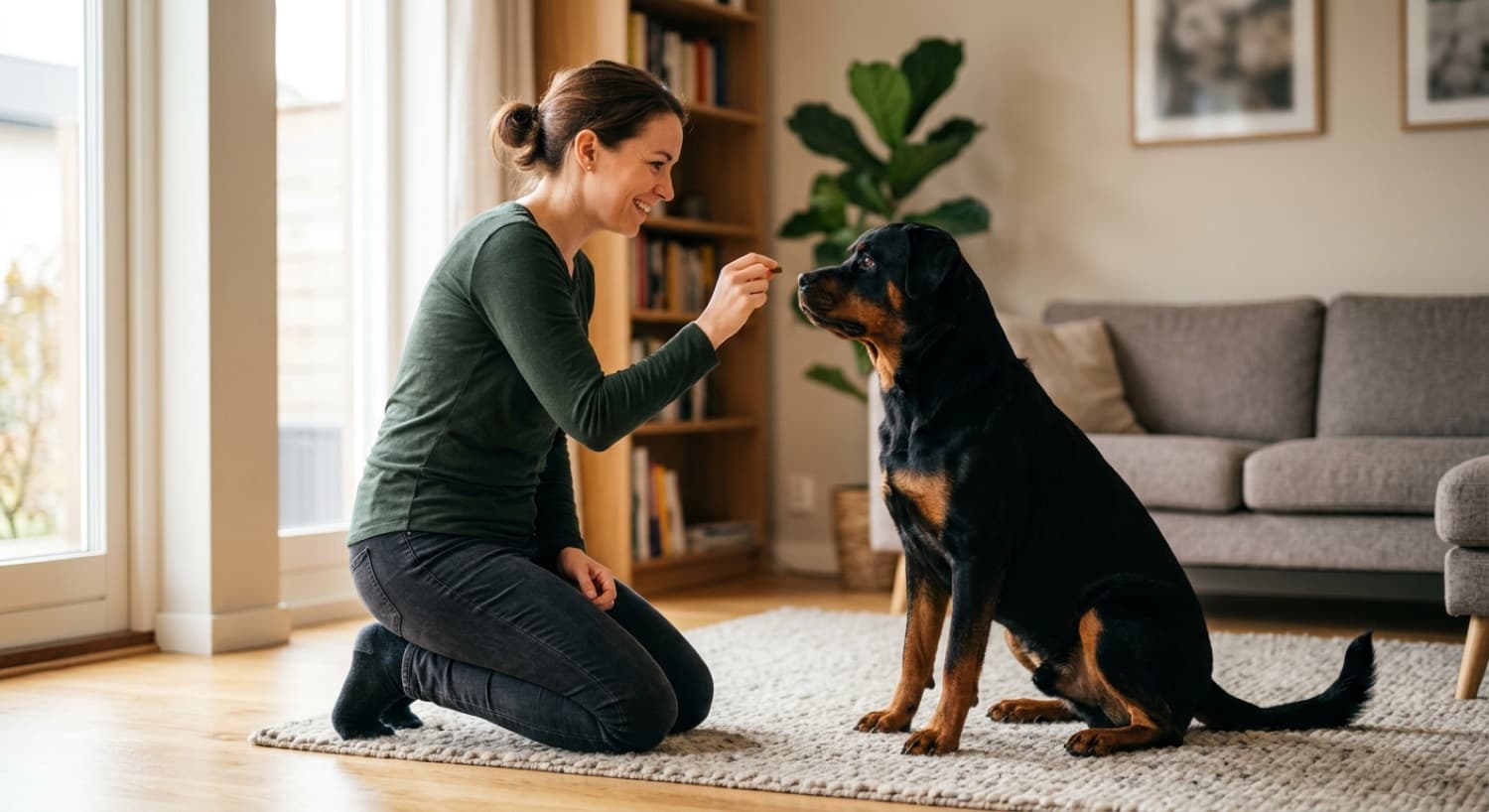 A Toronto force-free trainer working with an adult Rottweiler using a clicker and high-value treats, demonstrating the positive-reinforcement approach recommended for fearful guardian breeds