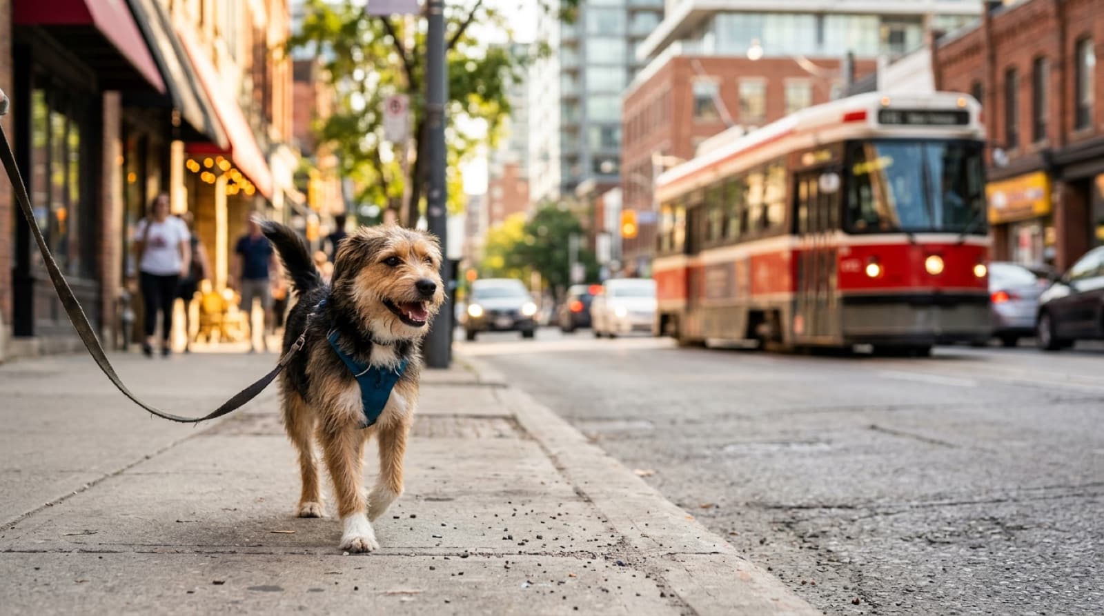 A happy adopted rescue dog on a leash on a Toronto street