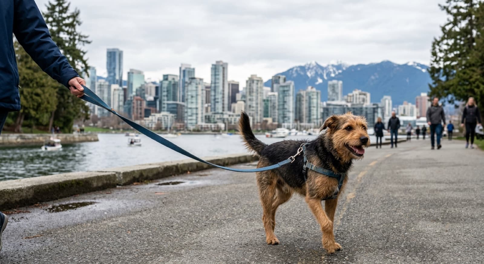 A happy adopted rescue dog on a leash on a Vancouver seawall path