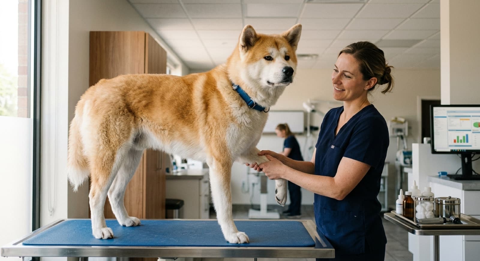 A thick-coated Akita standing calmly for a veterinarian in a bright Calgary clinic