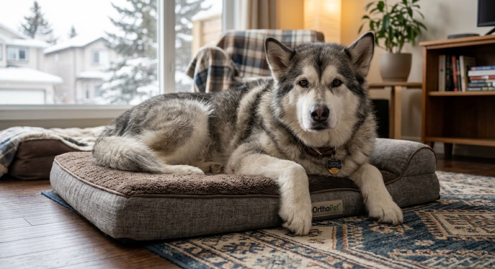 A healthy adult Alaskan Malamute being examined during a routine wellness visit at a Calgary veterinary clinic