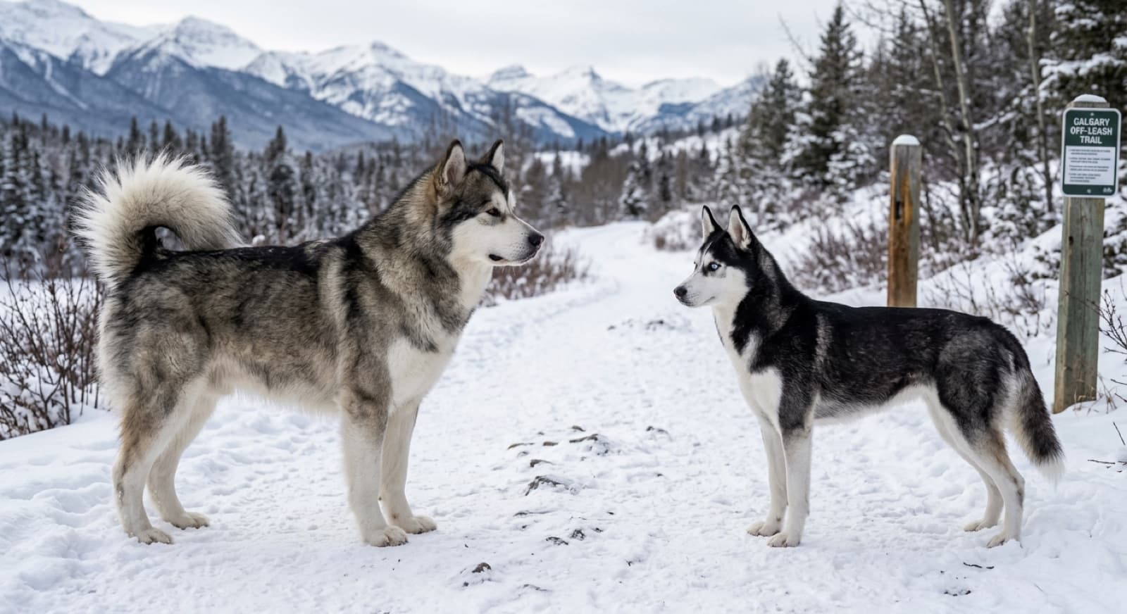 An Alaskan Malamute and a Siberian Husky standing side by side in winter snow at a Calgary off-leash park, showing the size and build difference between the larger heavier-boned freight breed and the leaner athletic distance racer